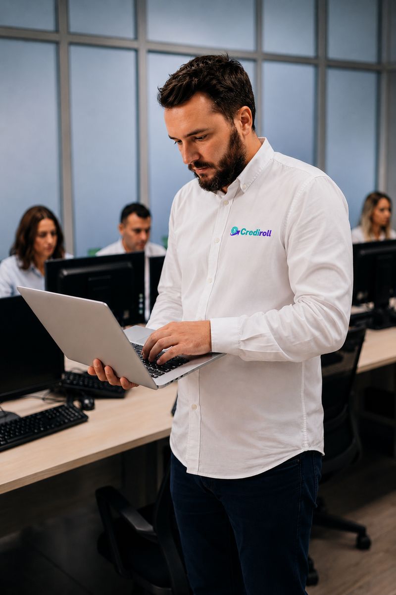Crediroll team member working on a laptop in the office