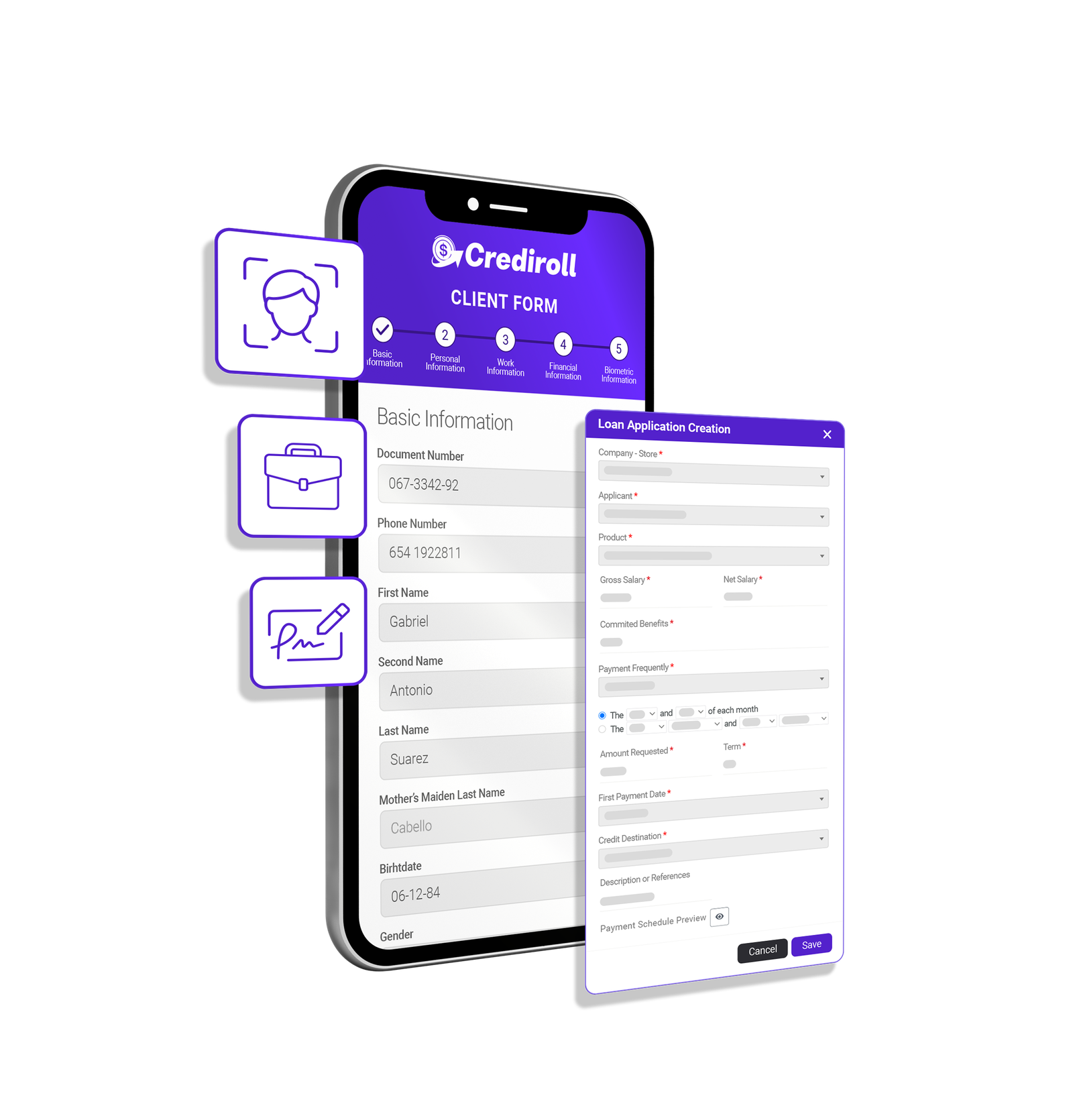 Crediroll client form on mobile with loan application creation