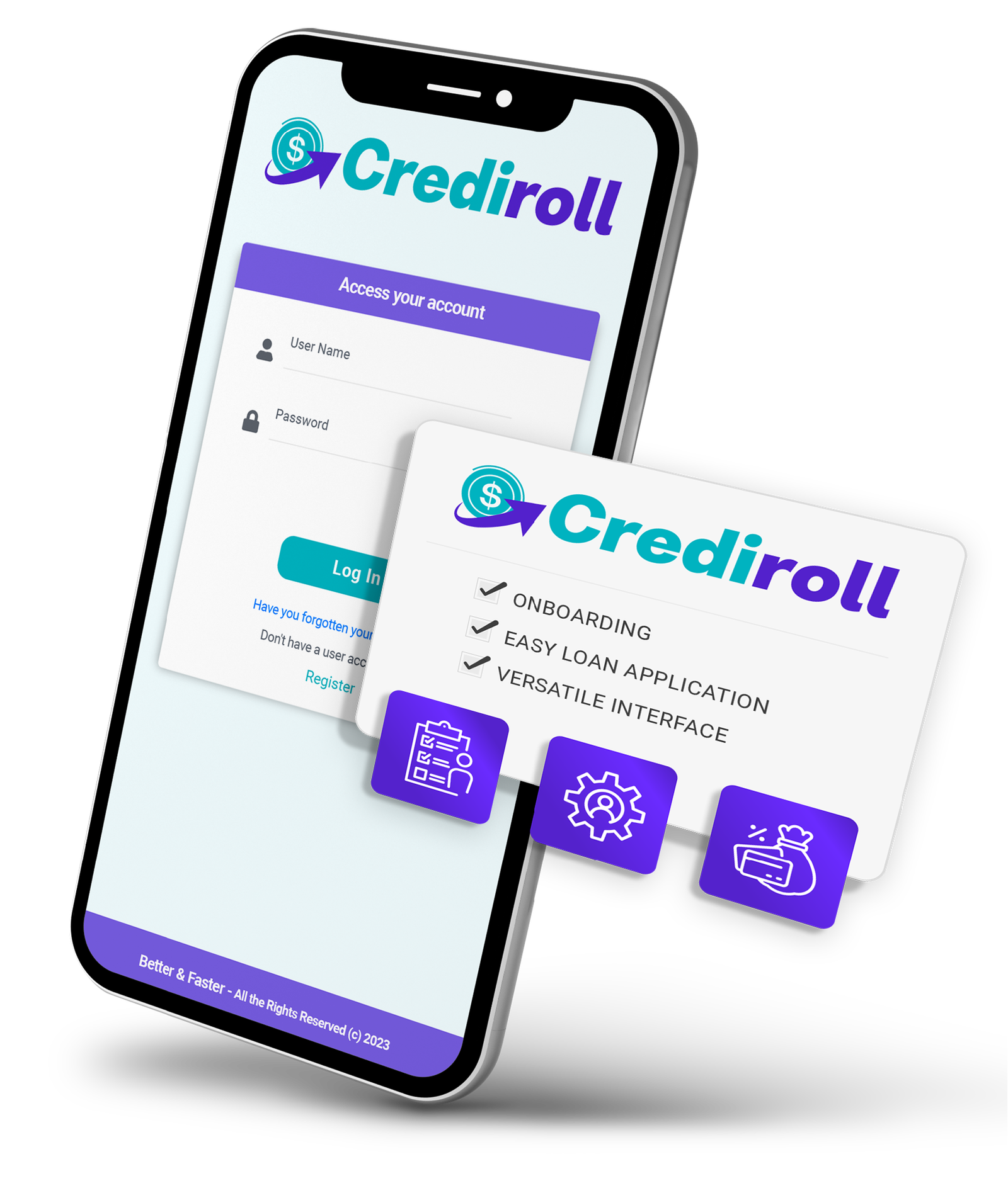 Crediroll mobile app login with onboarding checklist