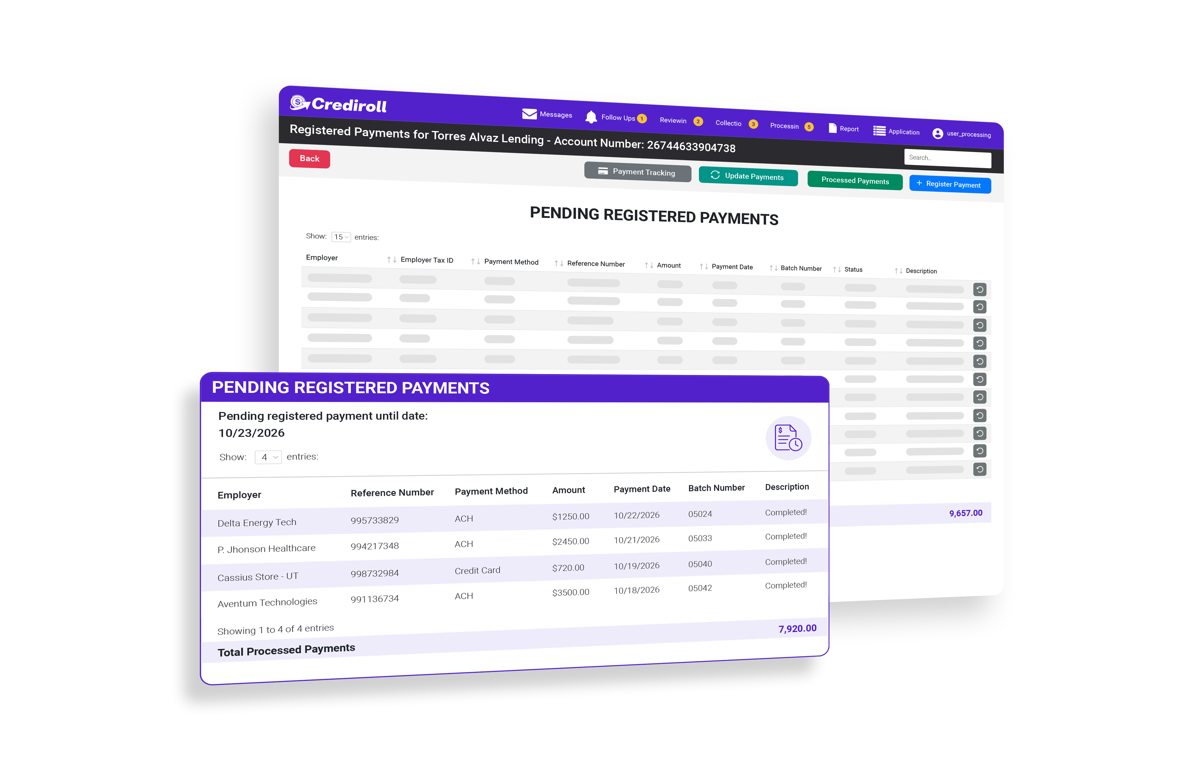 Pending registered payments table in Crediroll