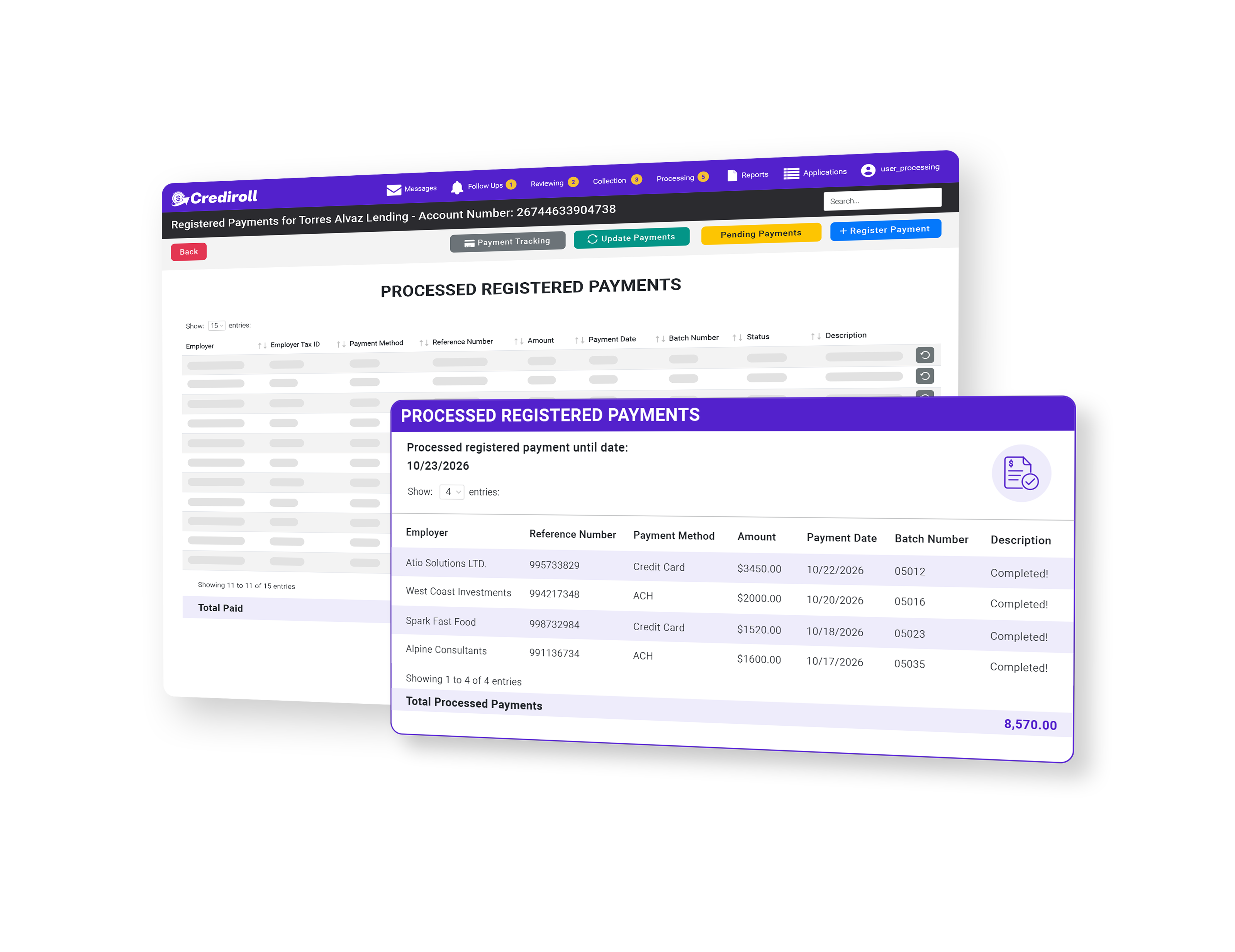 Processed registered payments table in Crediroll