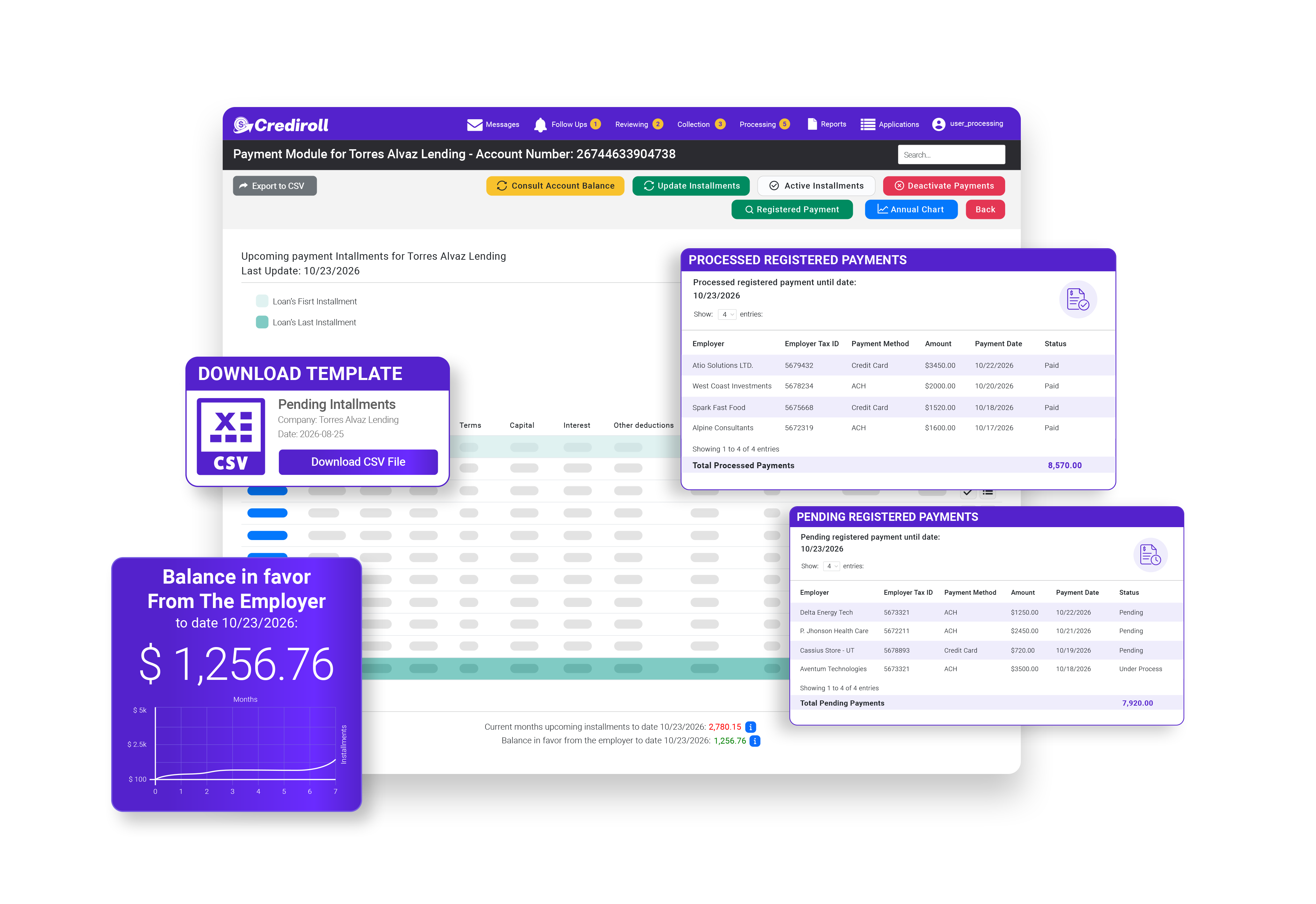 Collection workspace with upcoming installments, processed and pending registered payments