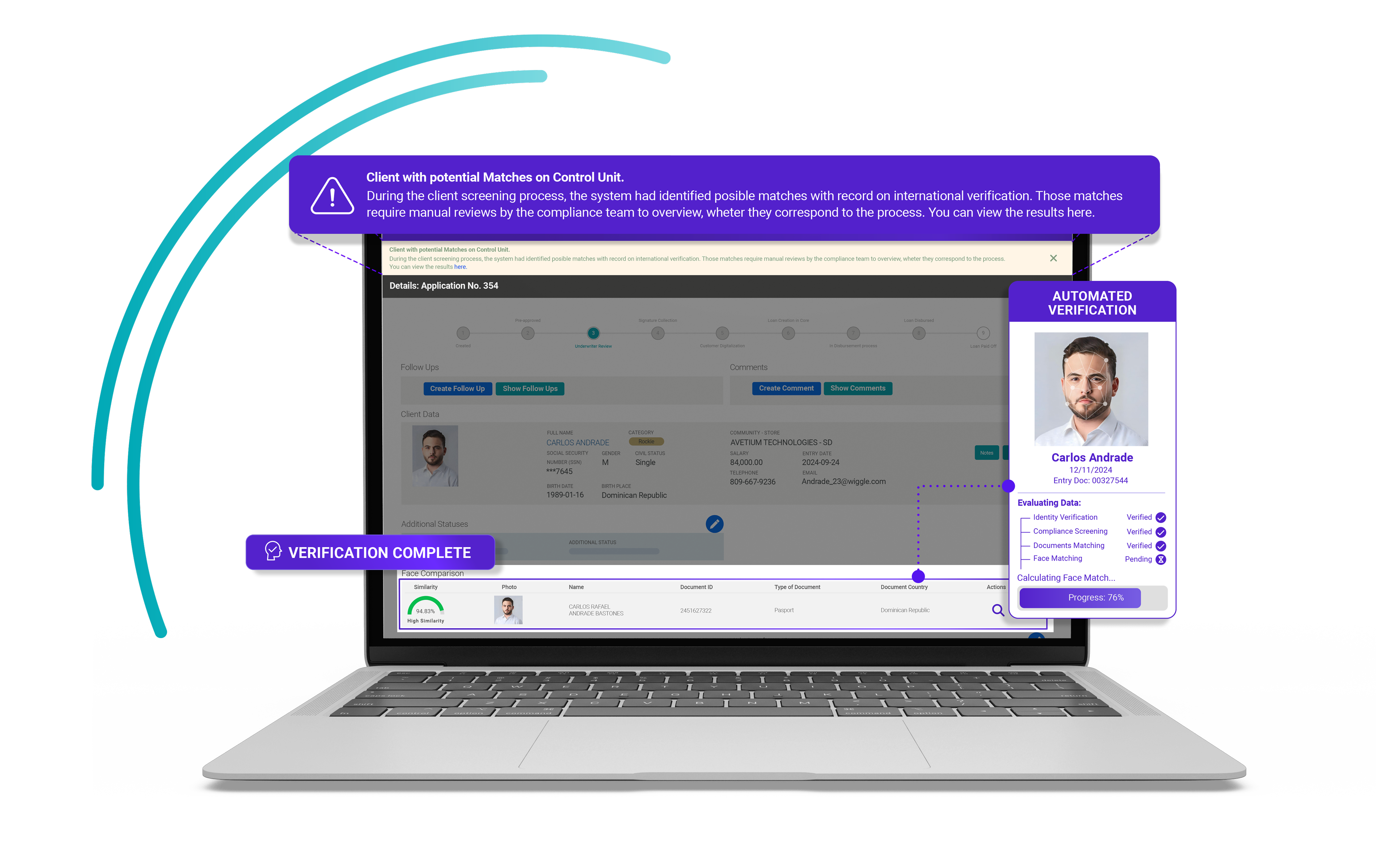Crediroll loan application on laptop with automated verification result and verification complete badge