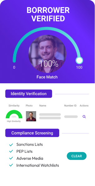 Borrower verified card with 100 percent face match, identity verification and clear compliance screening