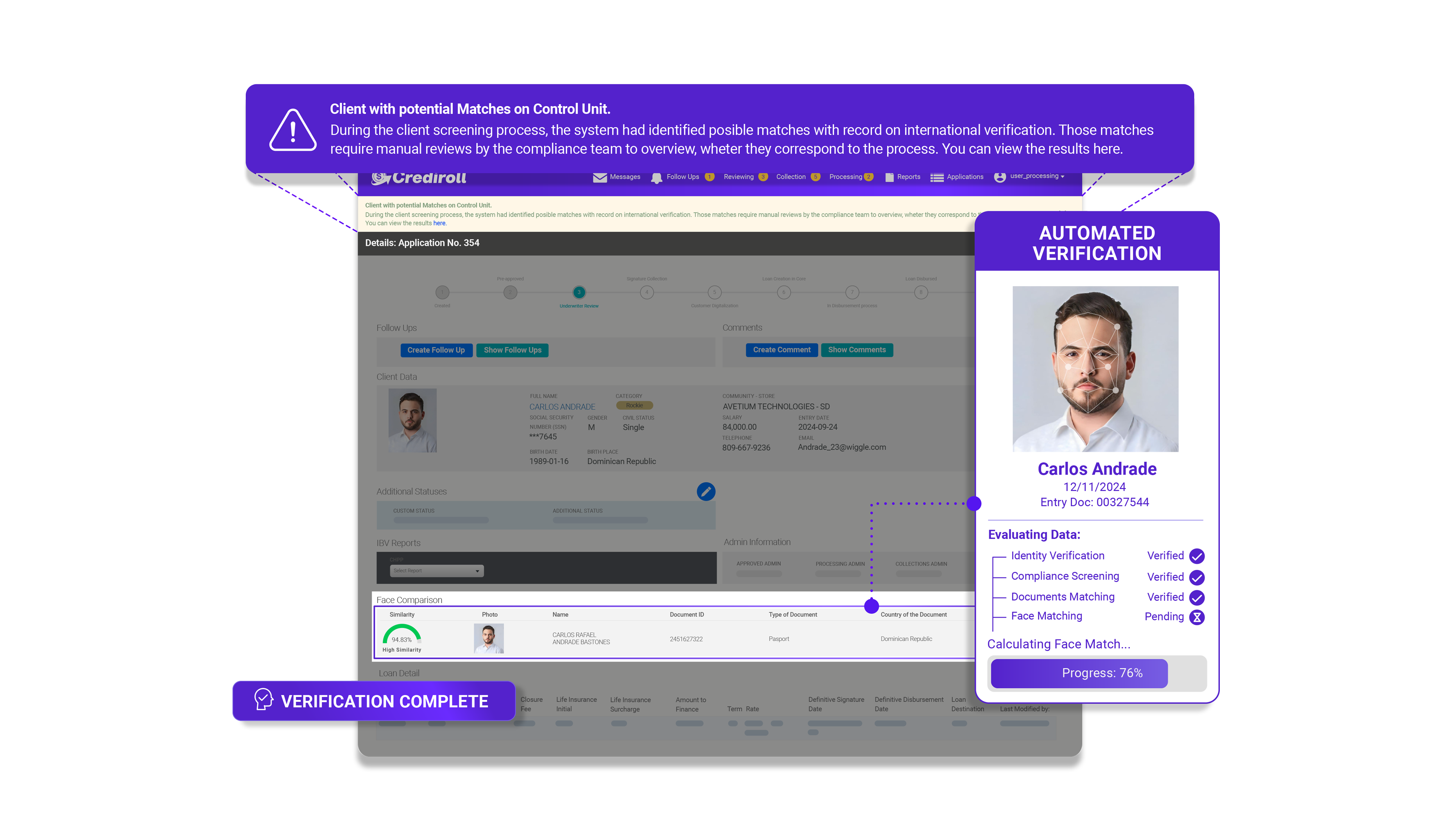 Automated verification inside the Crediroll loan application with face matching and verification complete status