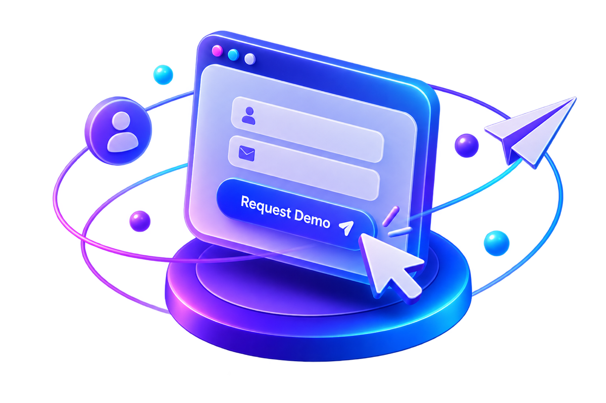 3D browser illustration with request demo button