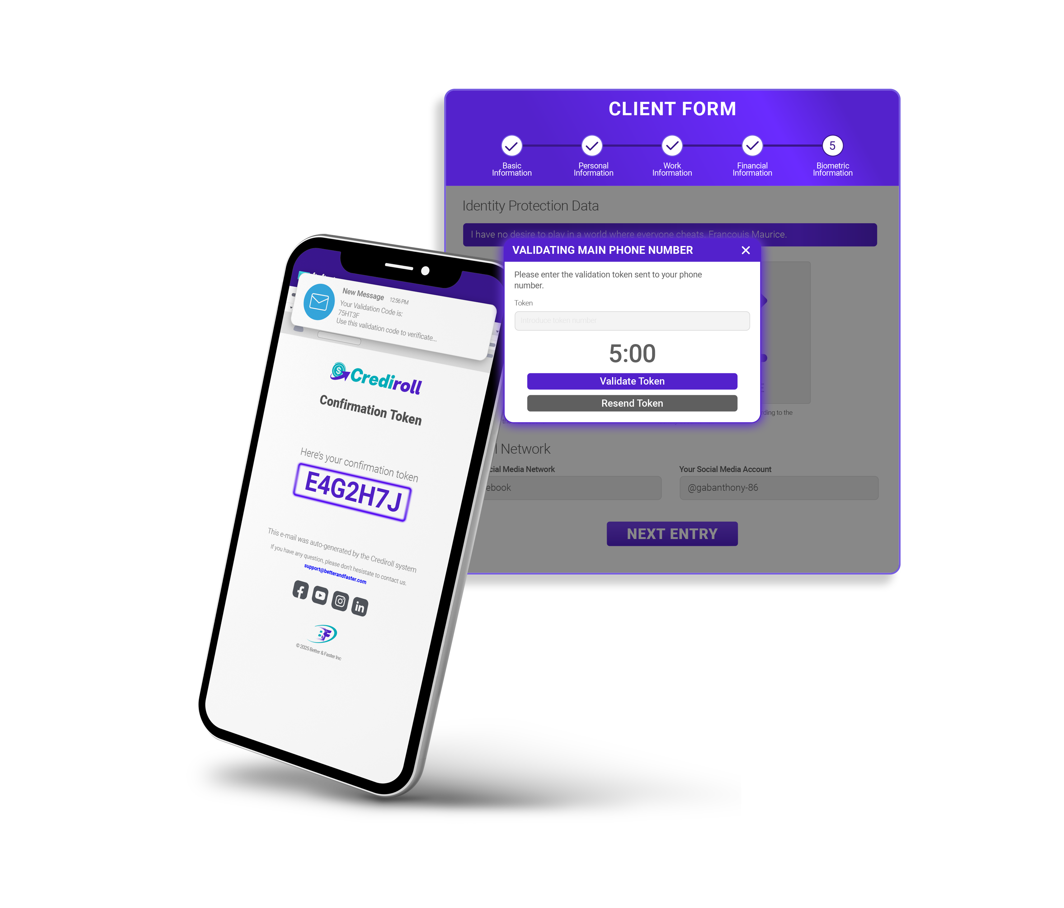 Phone and email validation with confirmation token and client form verification