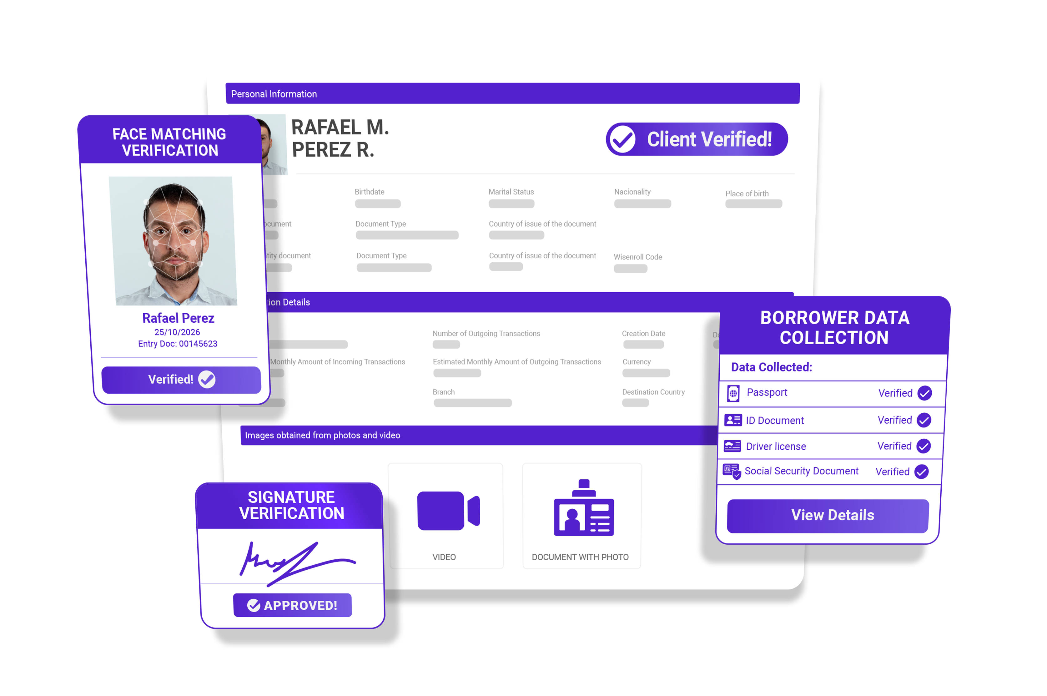 Borrower verification with face matching, signature verification and borrower data collection