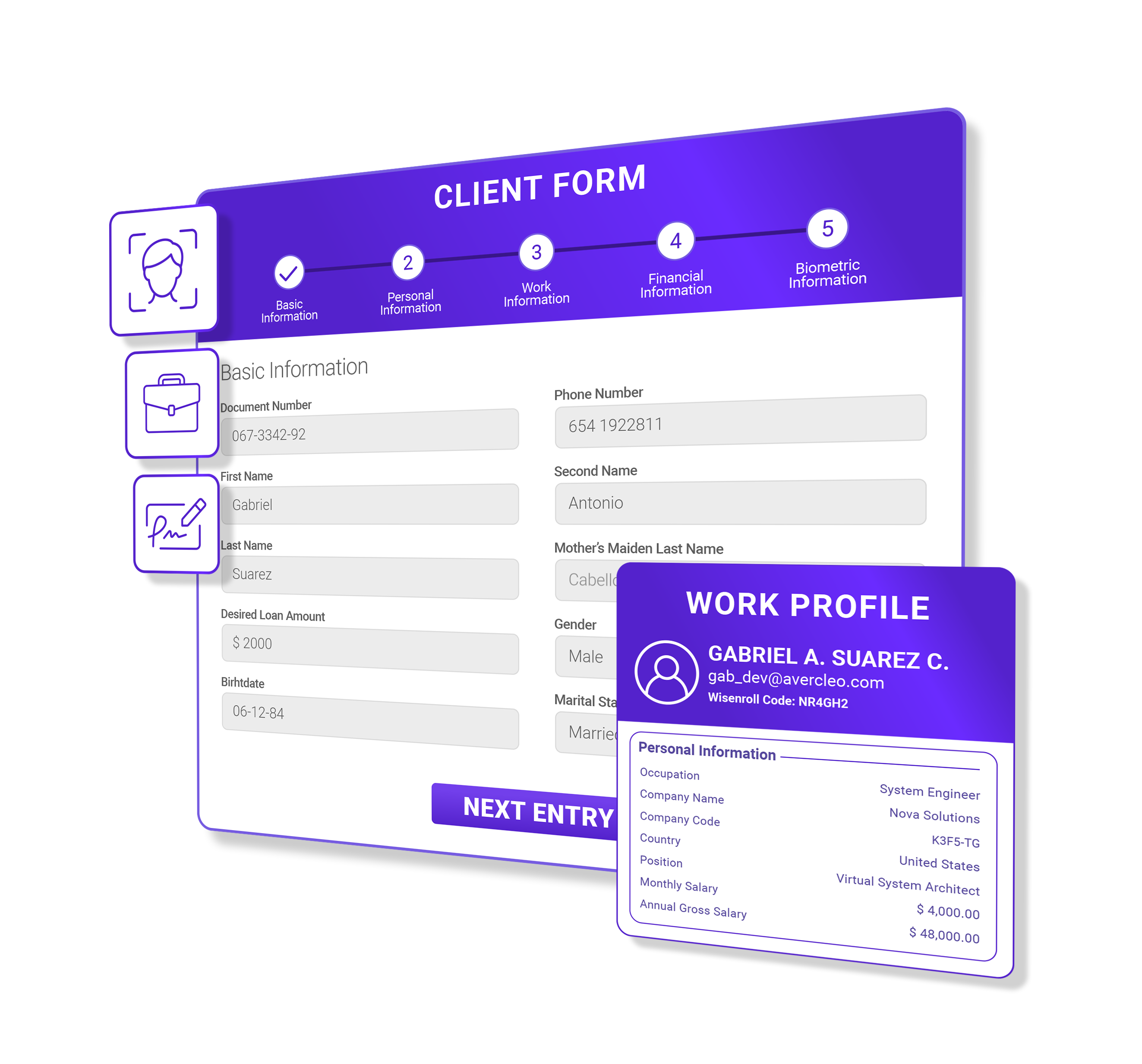 Client form with guided steps and work profile summary
