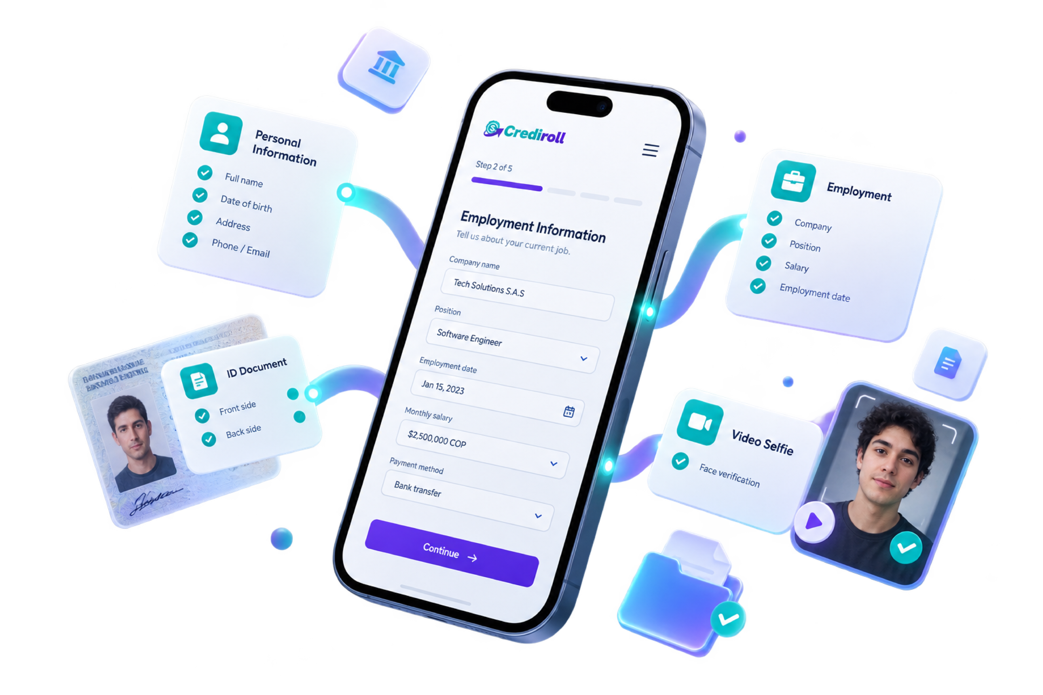 Digital onboarding on mobile with personal information, employment, ID document and video selfie cards