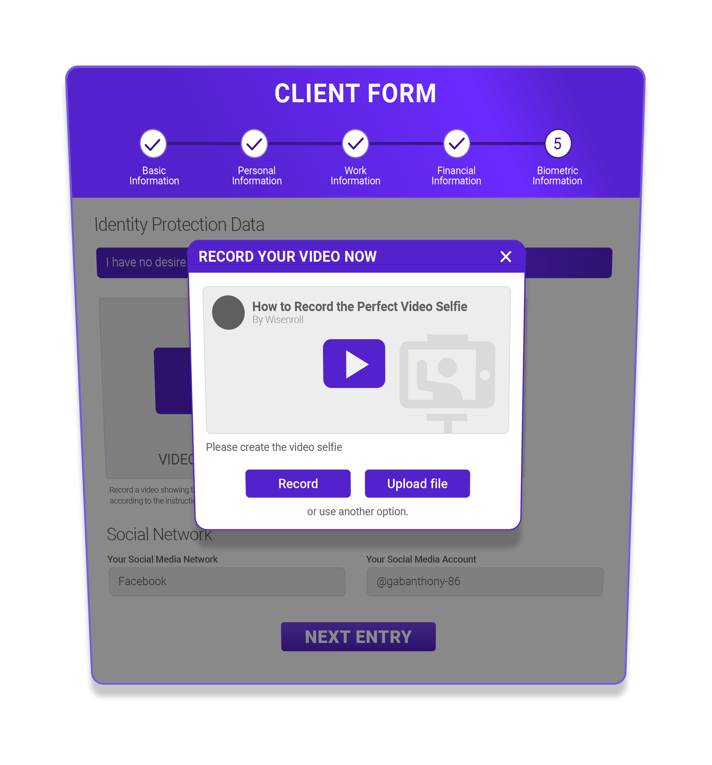 Client form with record your video now modal for video selfie