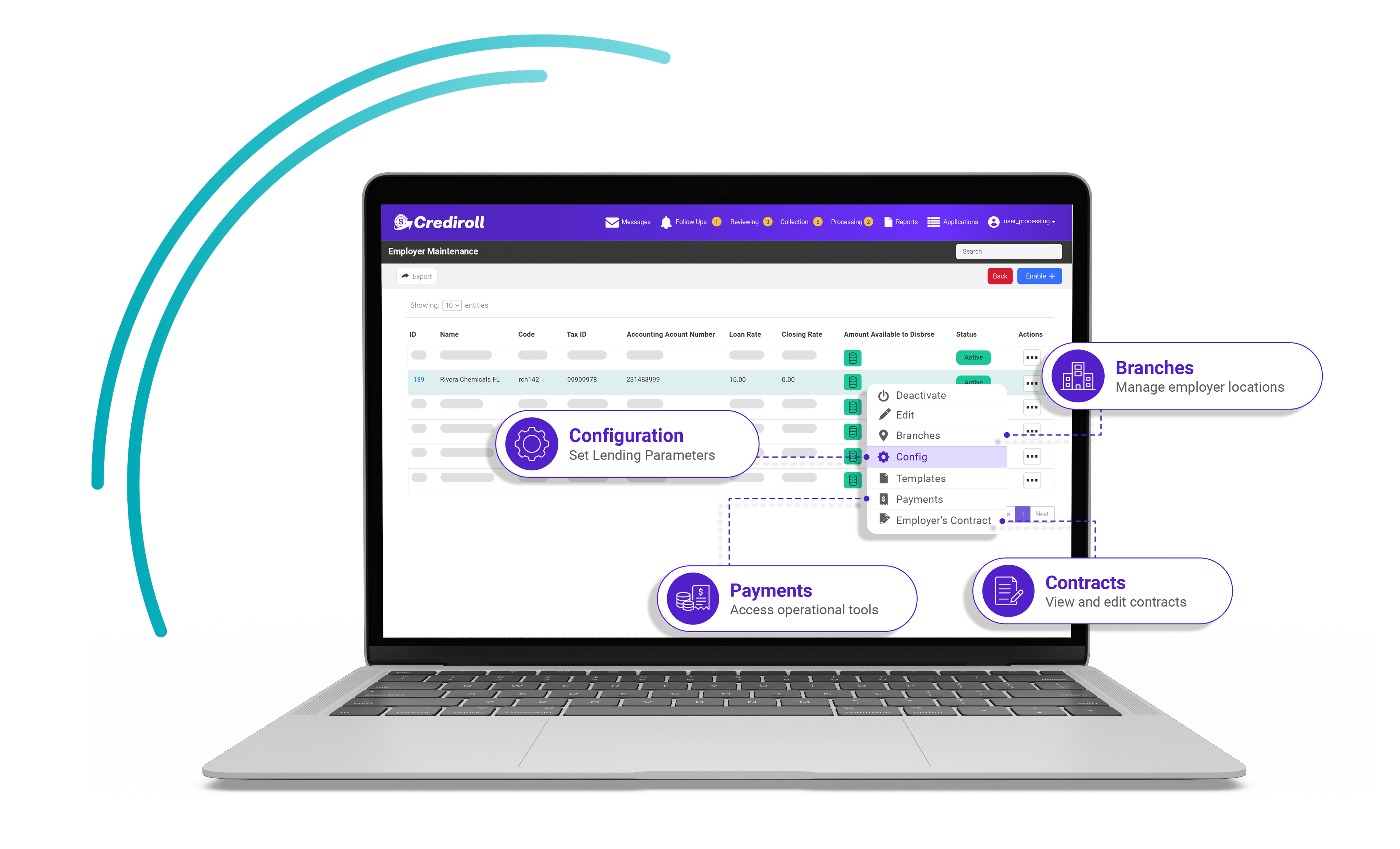 Employer maintenance on laptop with configuration, branches, payments and contracts callouts