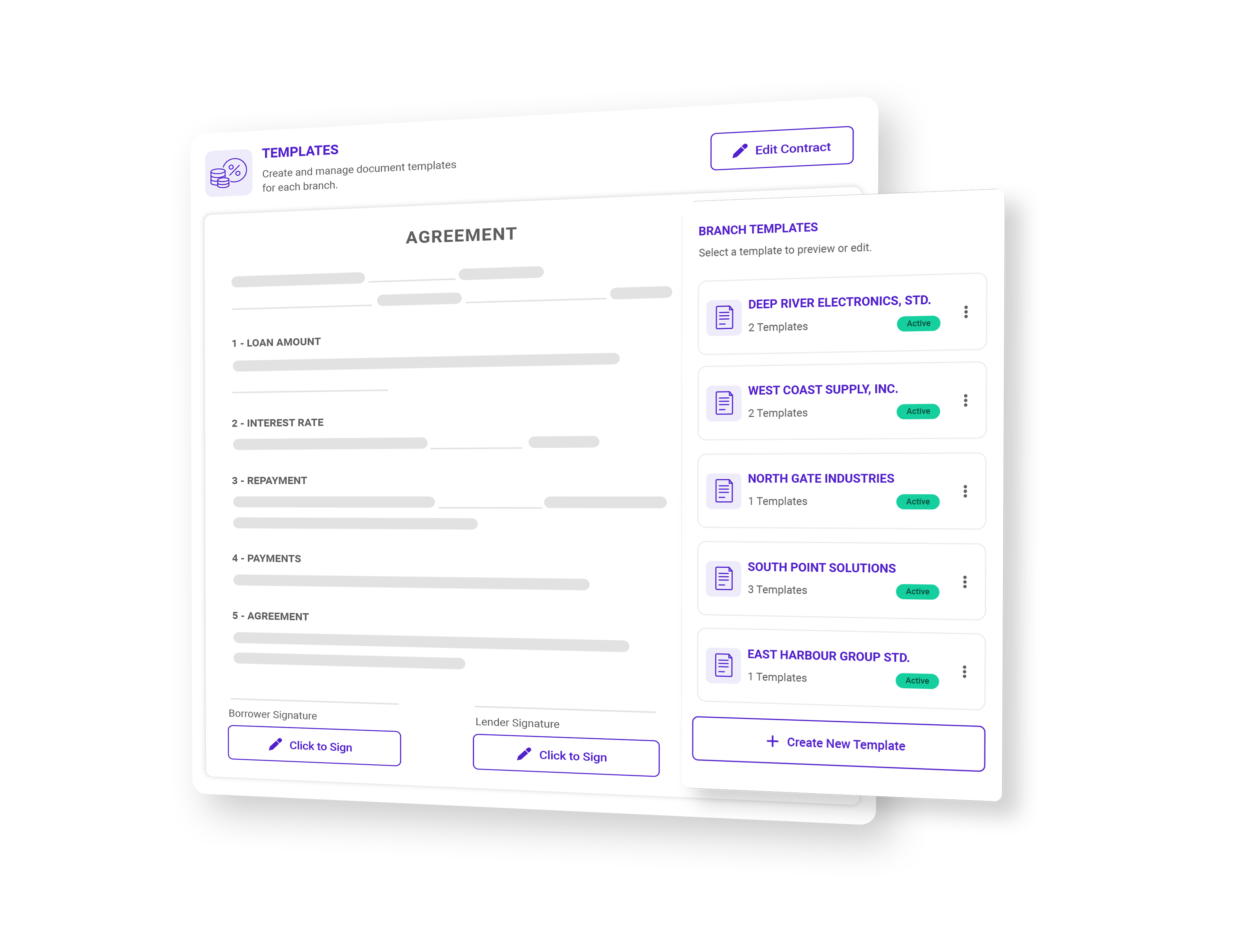 Agreement template with branch templates list in Crediroll