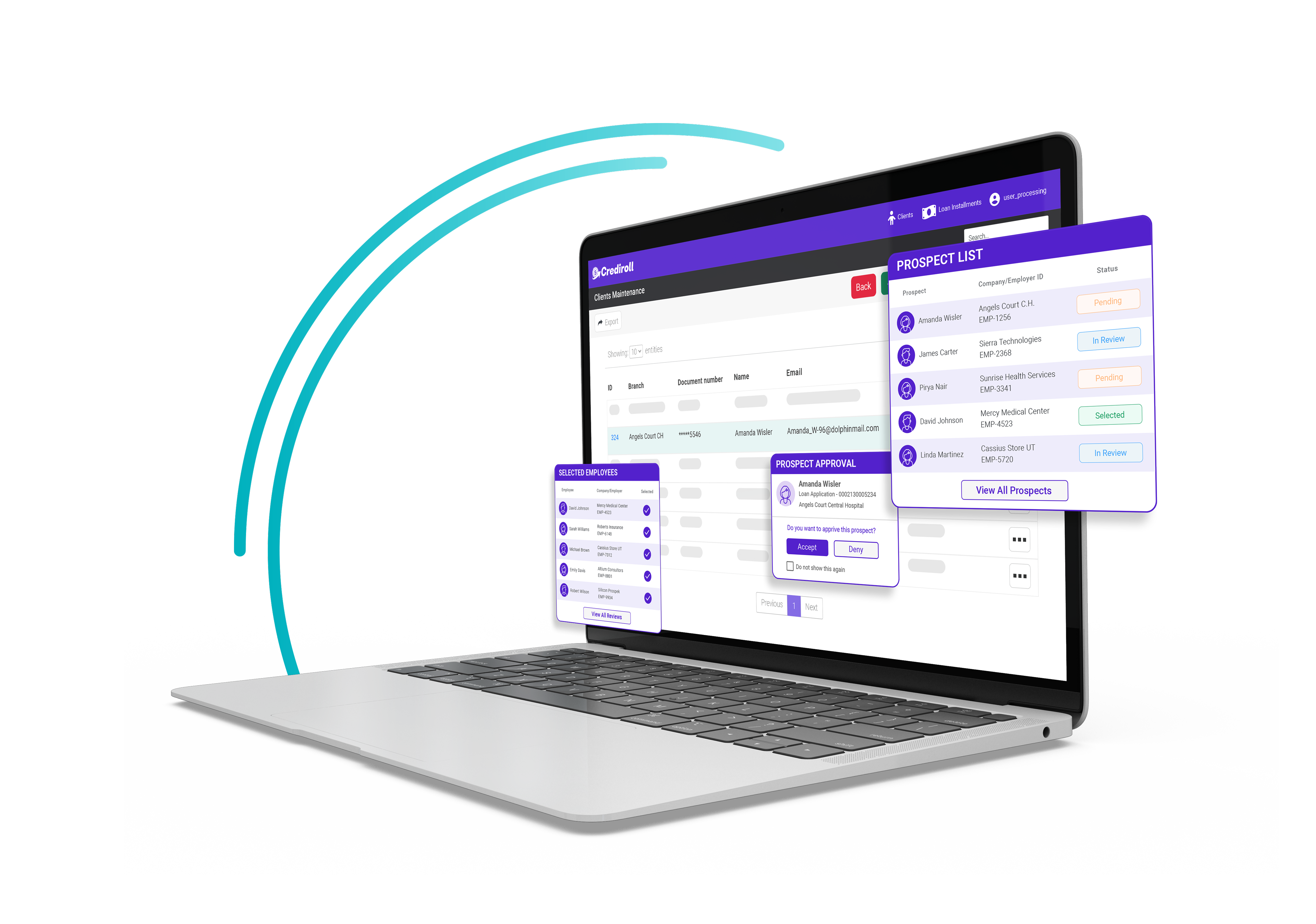 Employer workspace on laptop with prospect list, selected employees and prospect approval panels