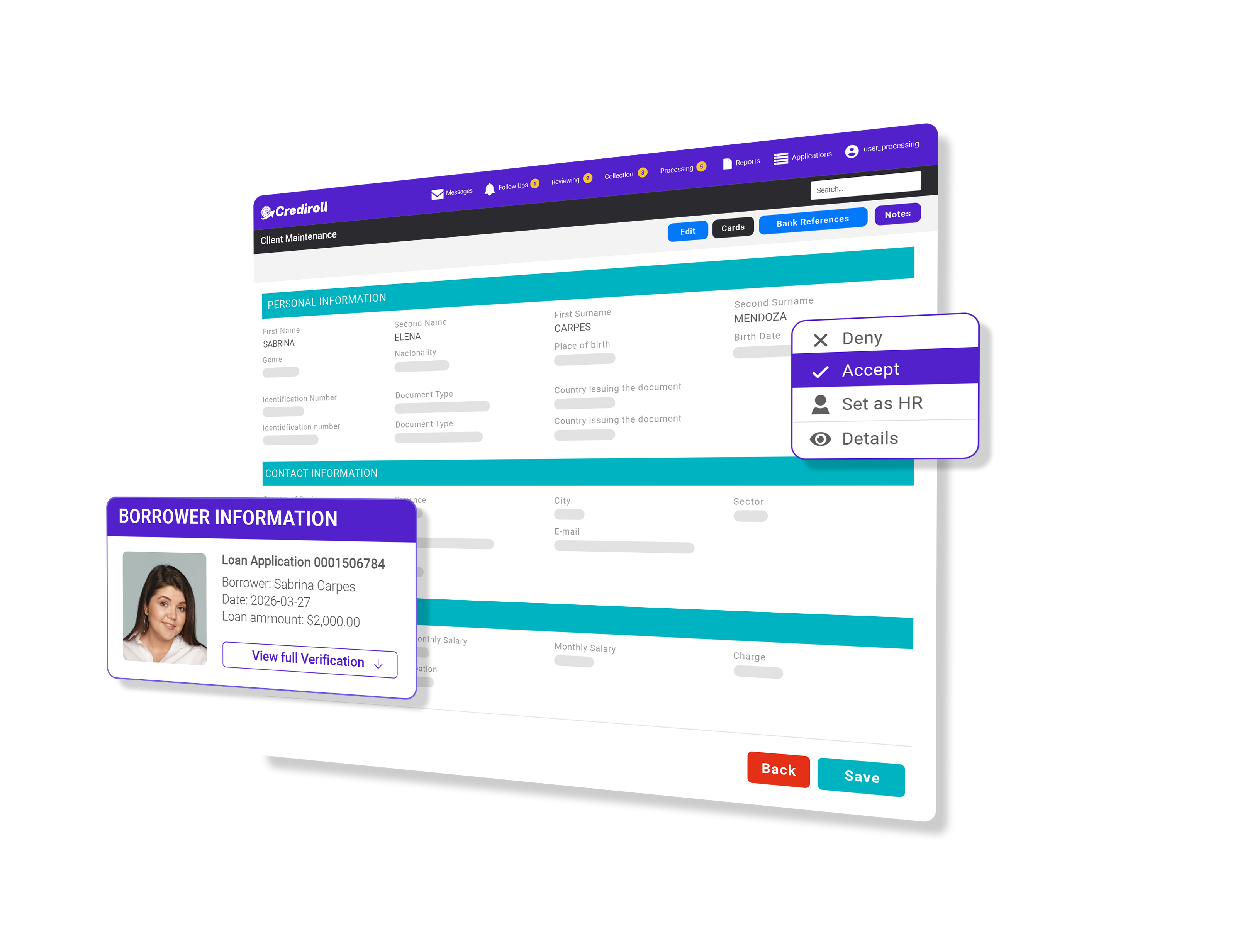 Borrower information review with accept, deny and set as HR actions