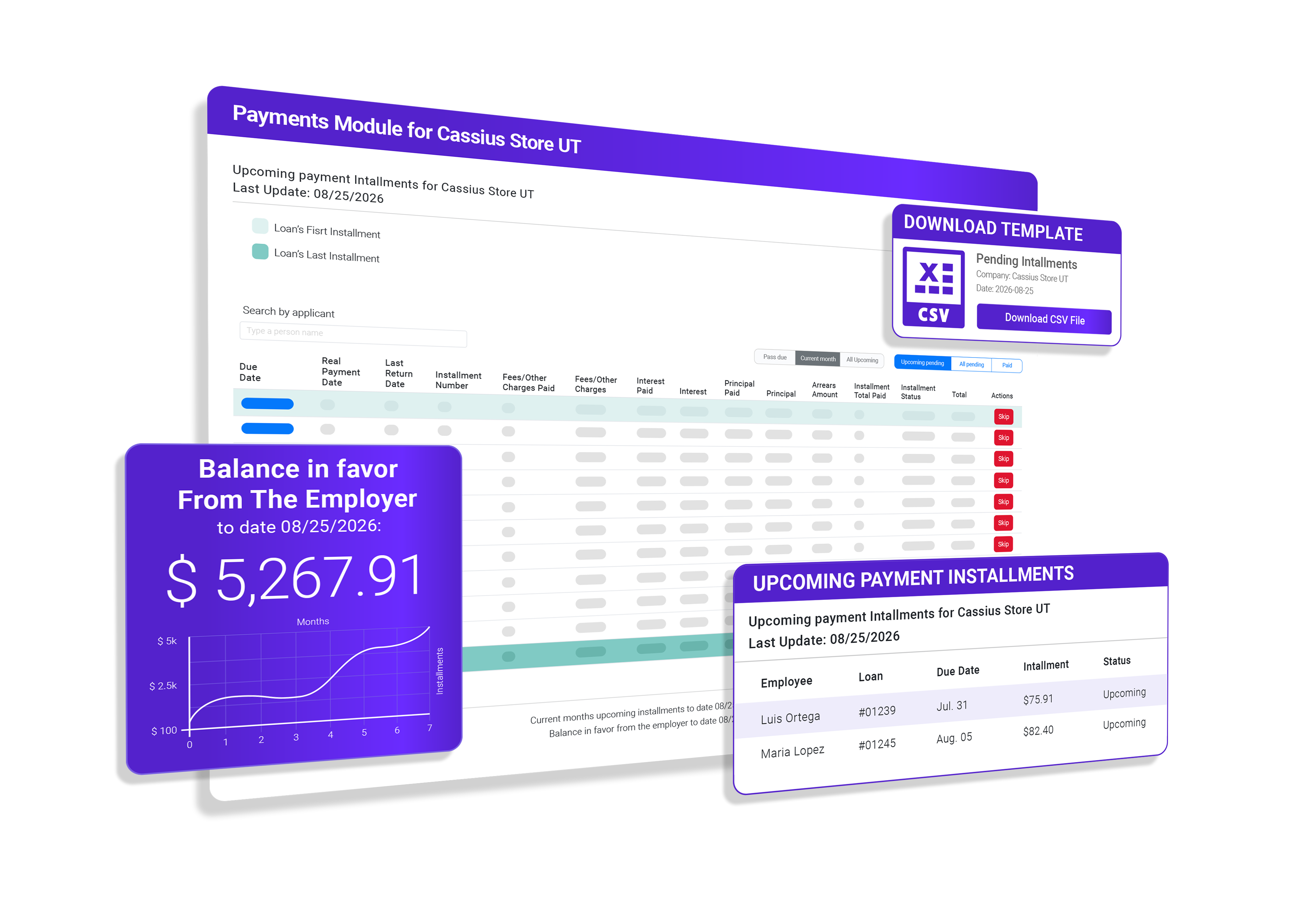 Payments module with upcoming installments, balance in favor from the employer and CSV export