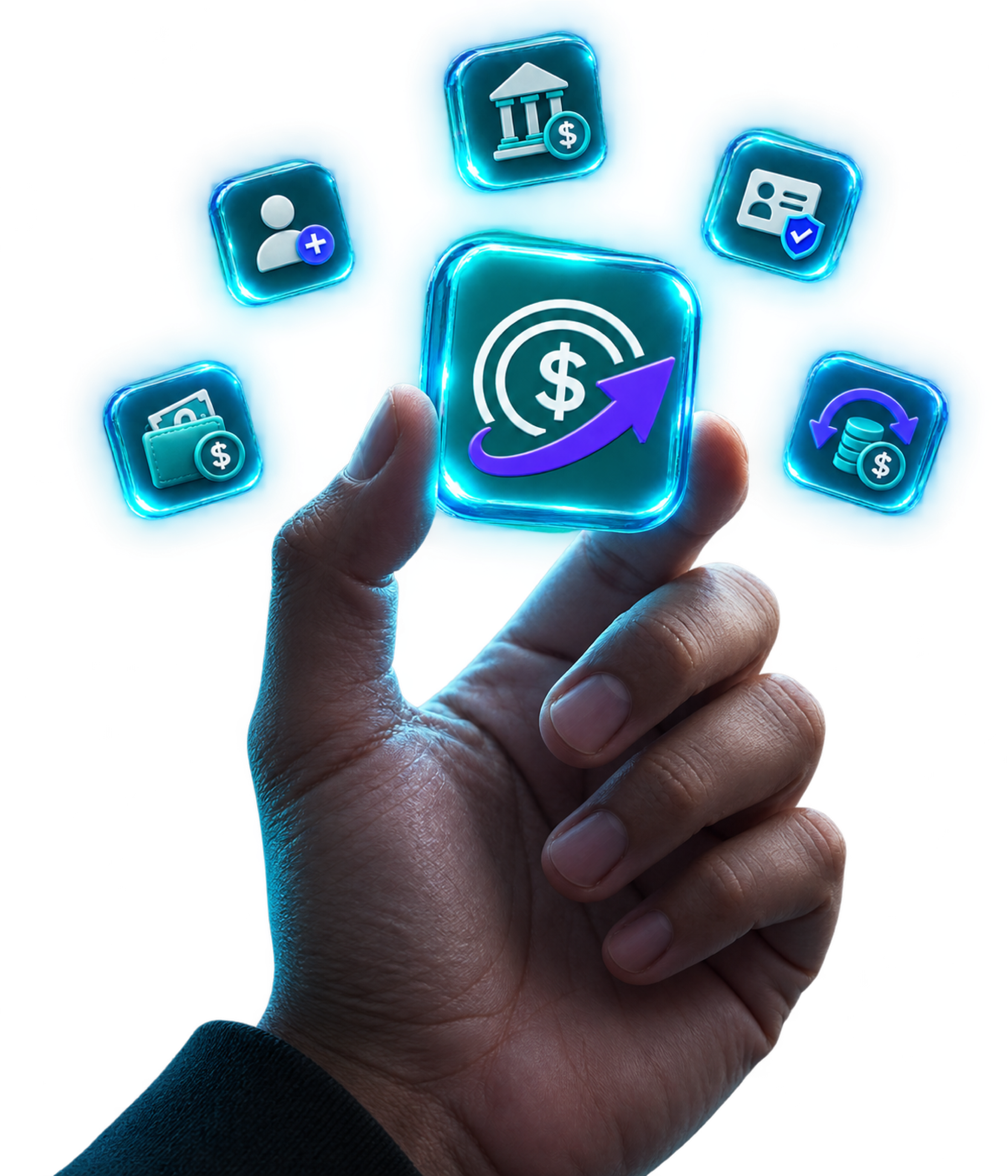 Hand touching lending operation icons for capital, onboarding, verification, payroll and repayment