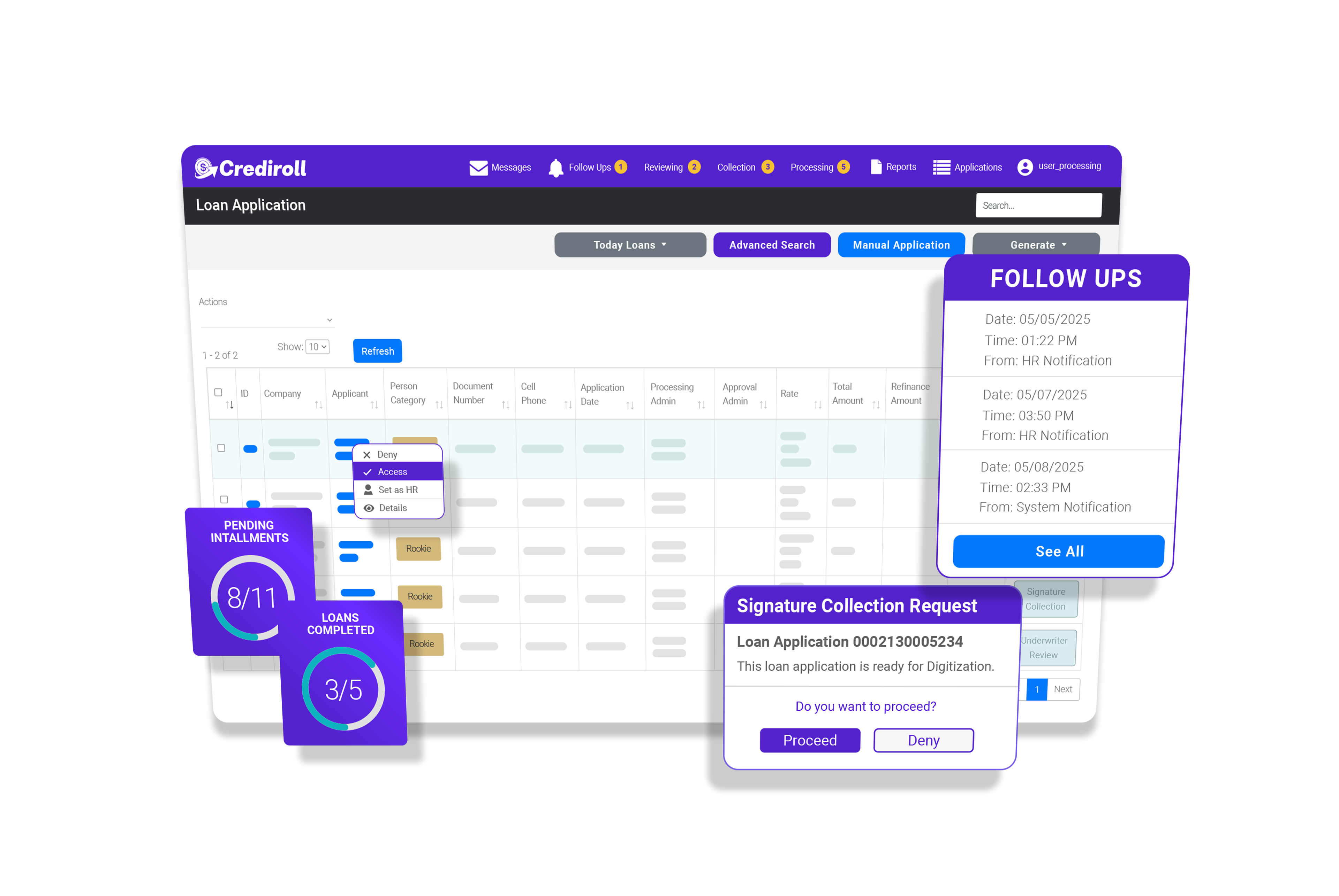 Loan Applications preview in Crediroll