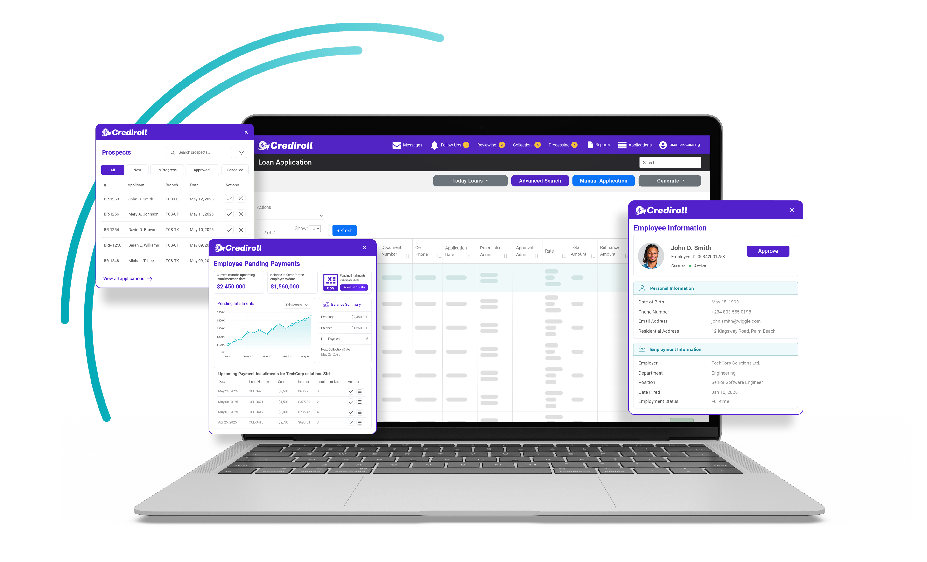 Crediroll platform on laptop with prospects, pending payments and employee information panels