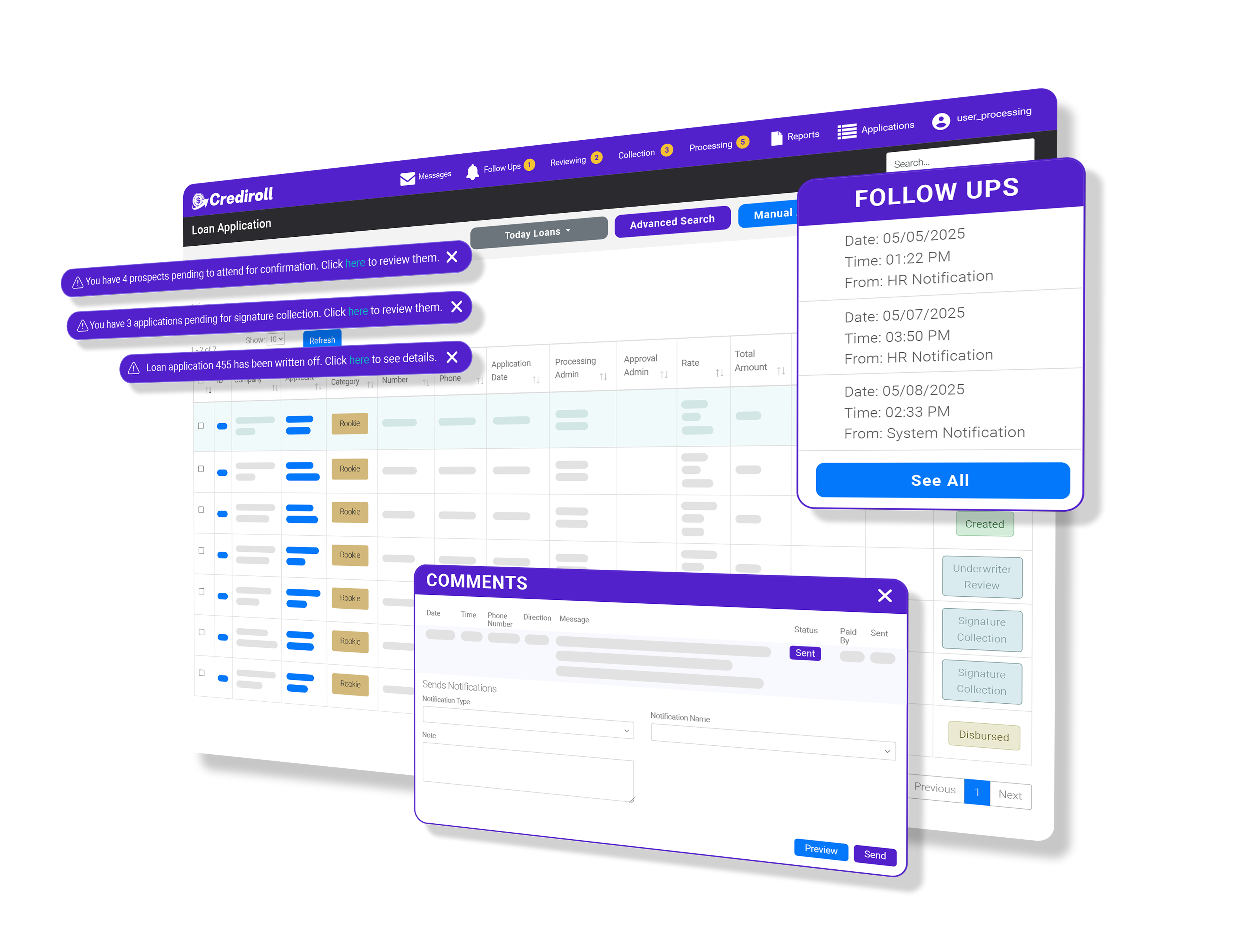 Internal collaboration with follow ups, comments and application status panels