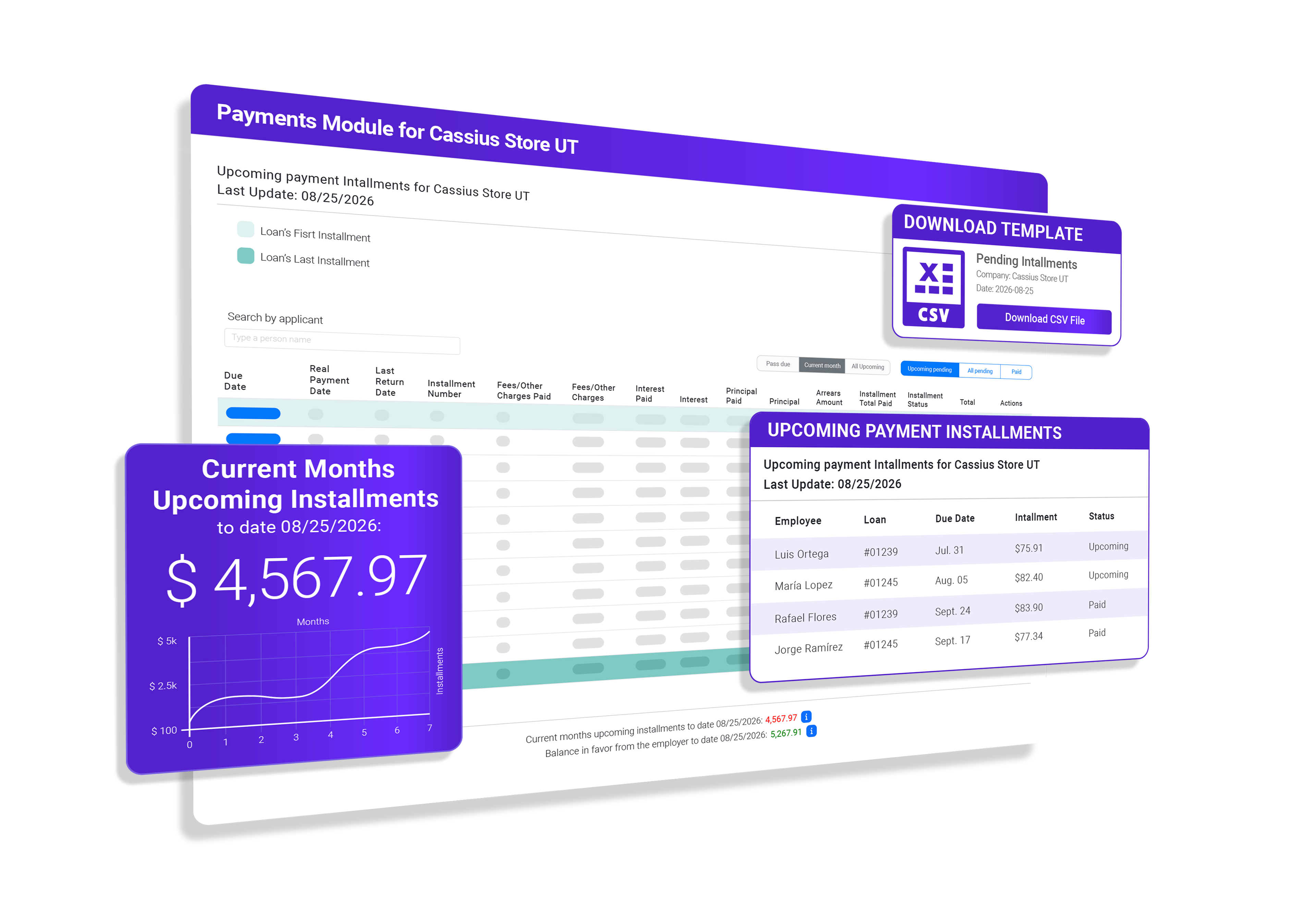 Payments module with current month upcoming installments and CSV download template