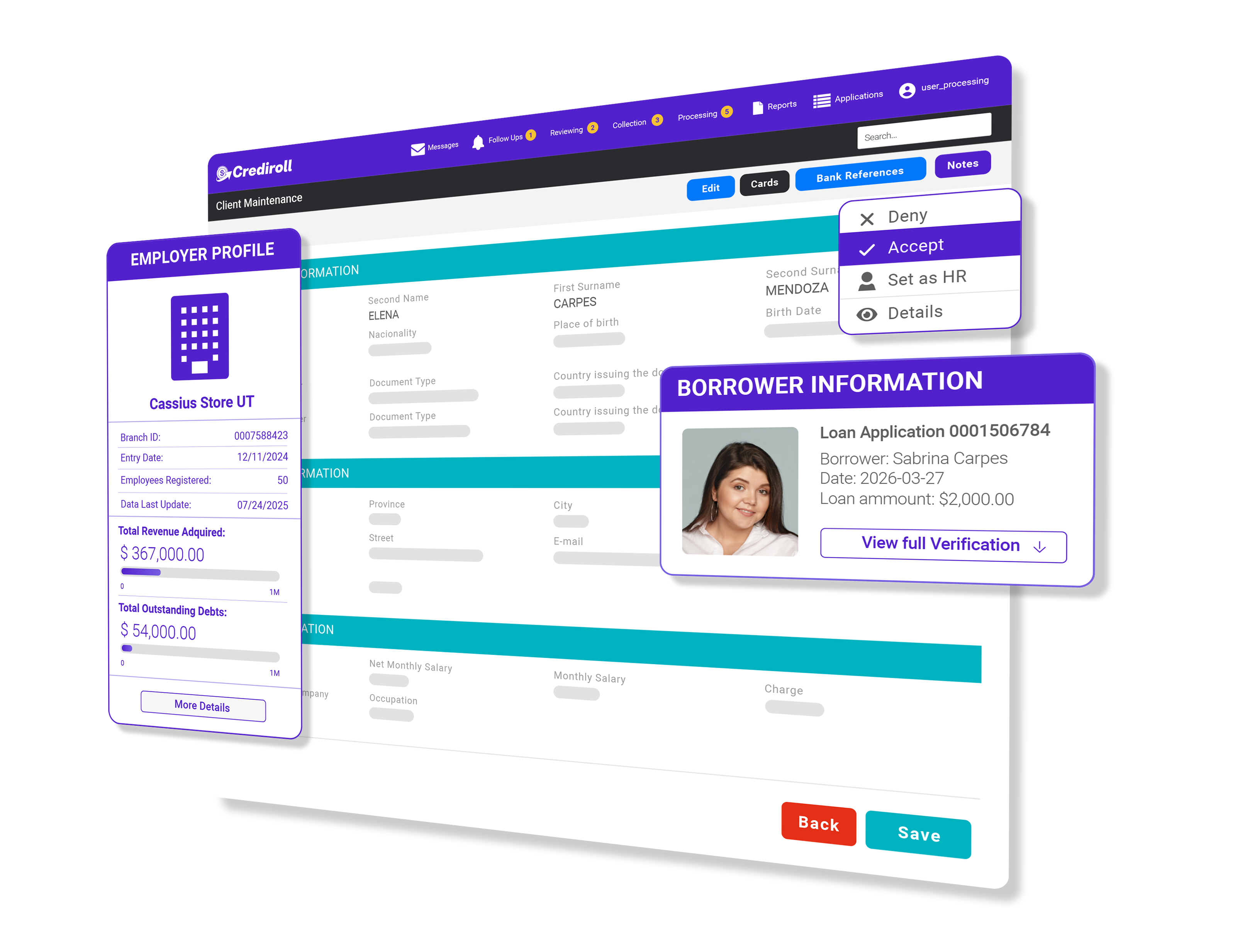 Employer profile with borrower information and client maintenance panels