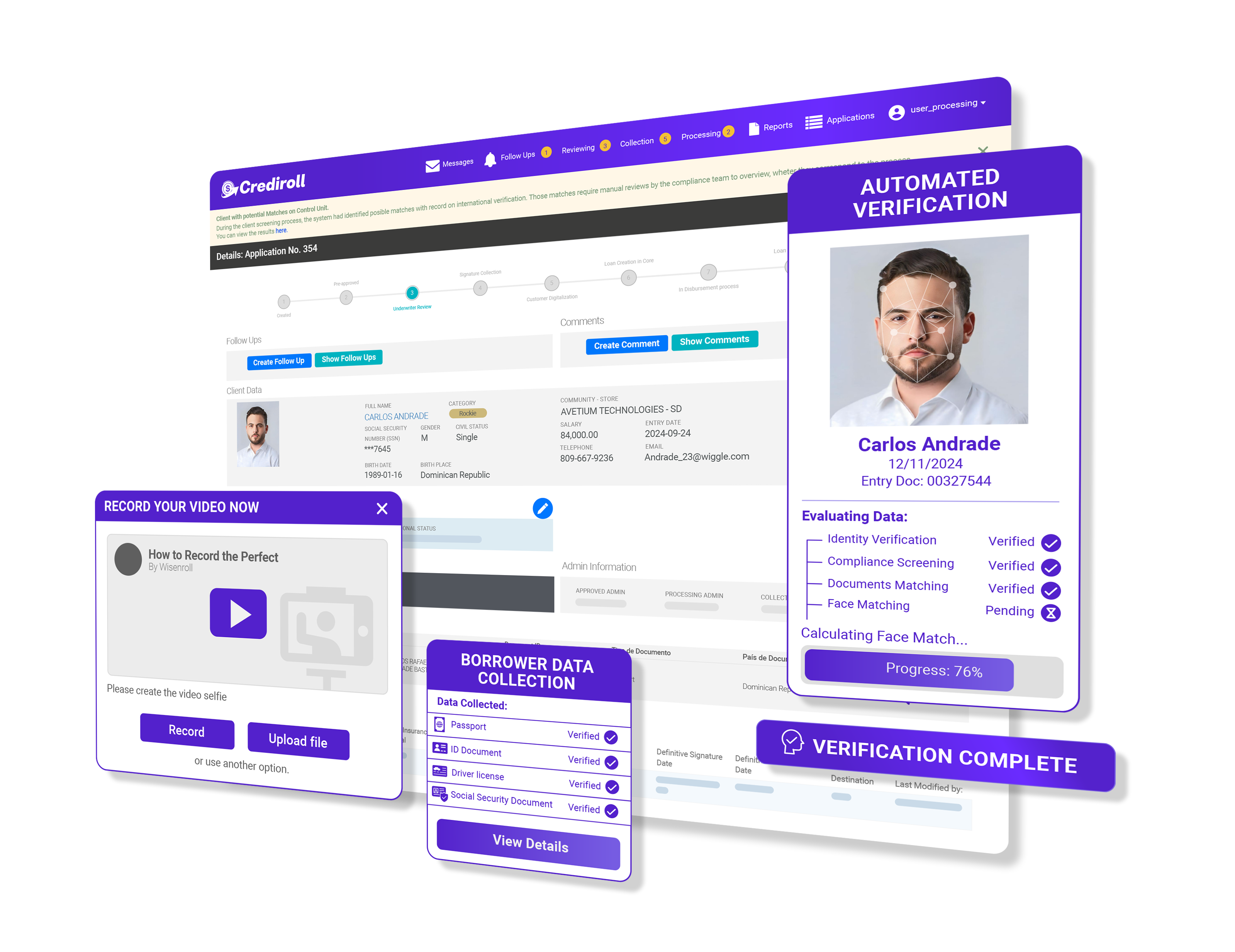 Automated verification with video selfie, borrower data collection and face matching results