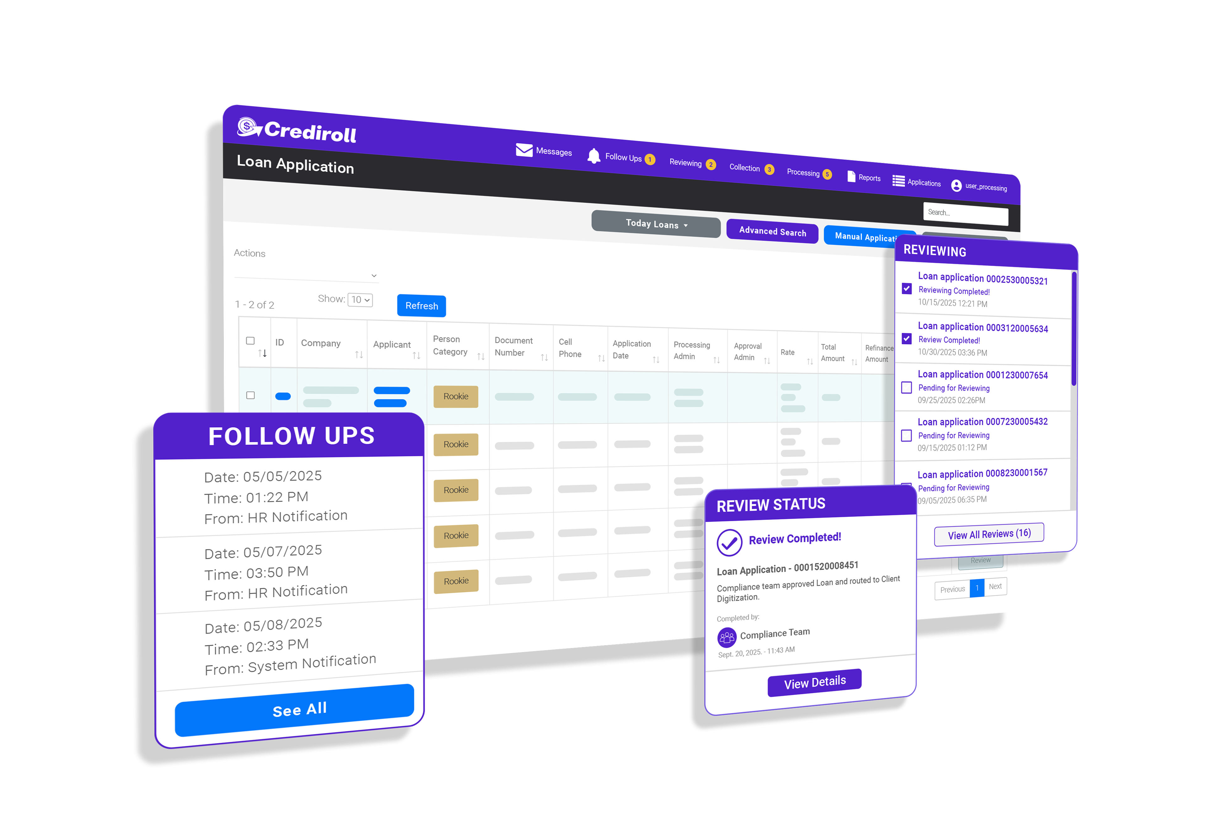 Loan application workspace with follow ups, reviewing queue and review status panels