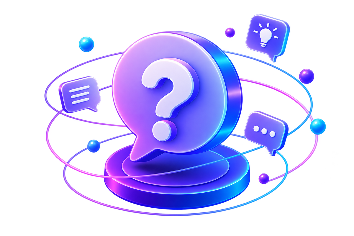 3D question mark illustration with chat bubbles