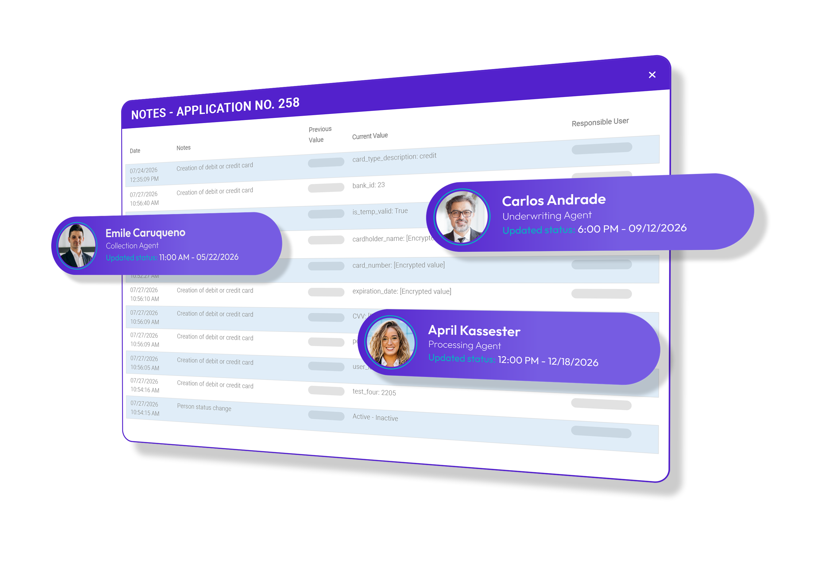 Activity history for application 258 with agent status updates