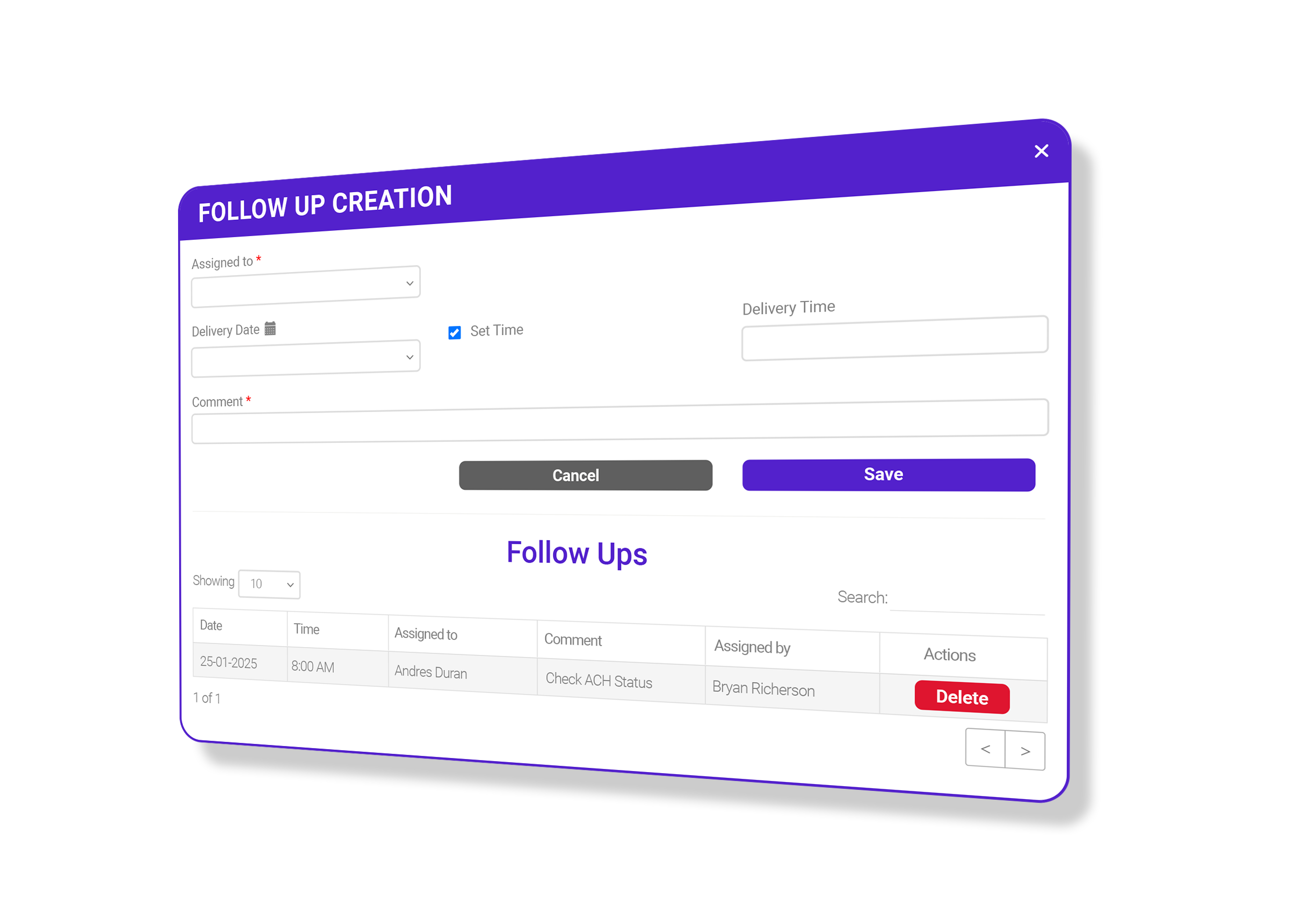 Follow up creation form with assigned follow ups table