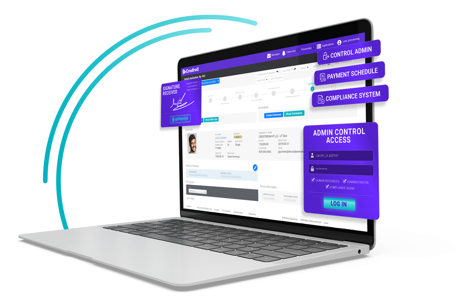Crediroll dashboard on laptop with control admin, payment schedule and compliance system