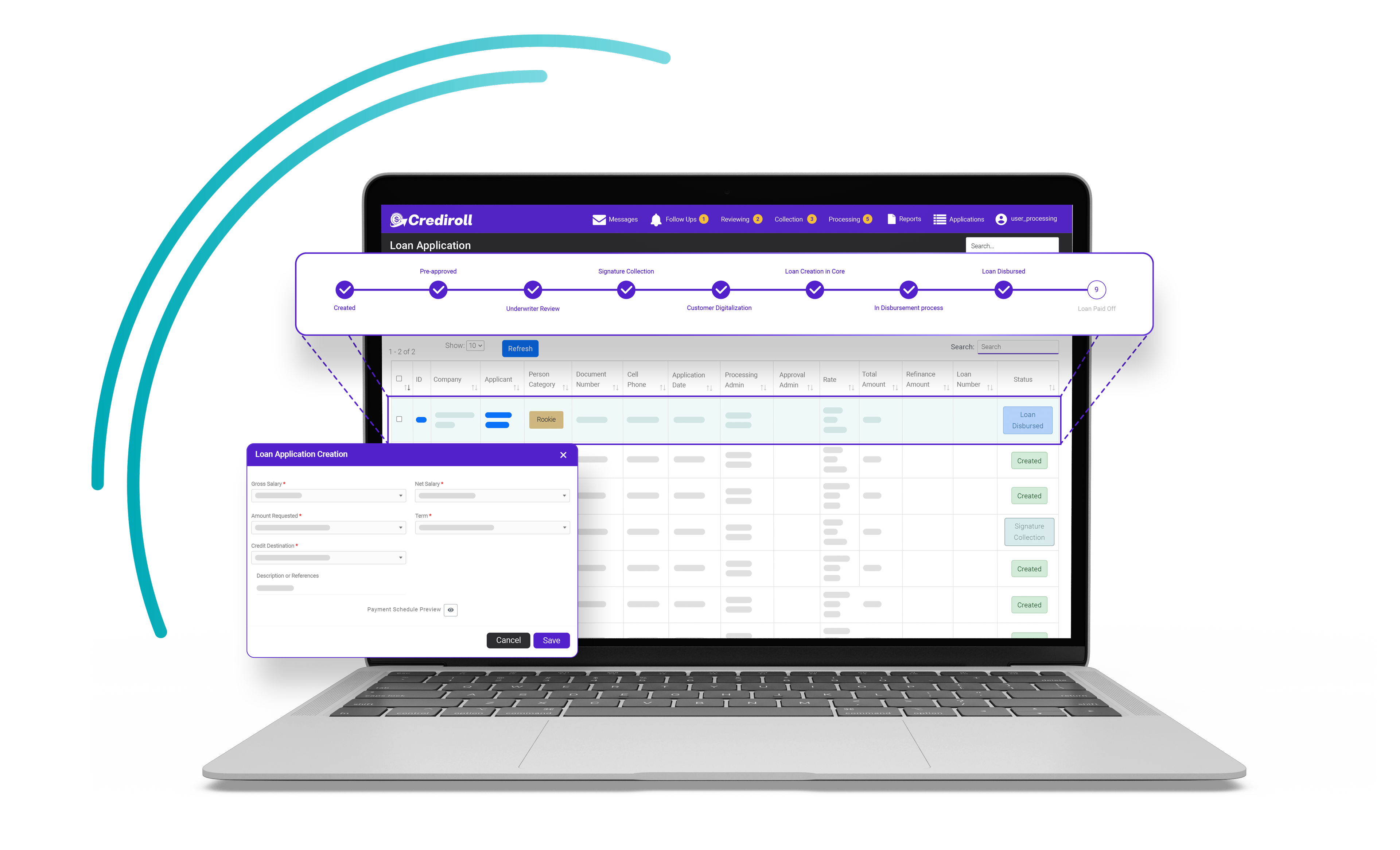 Loan application workspace on laptop with application pipeline and loan application creation form