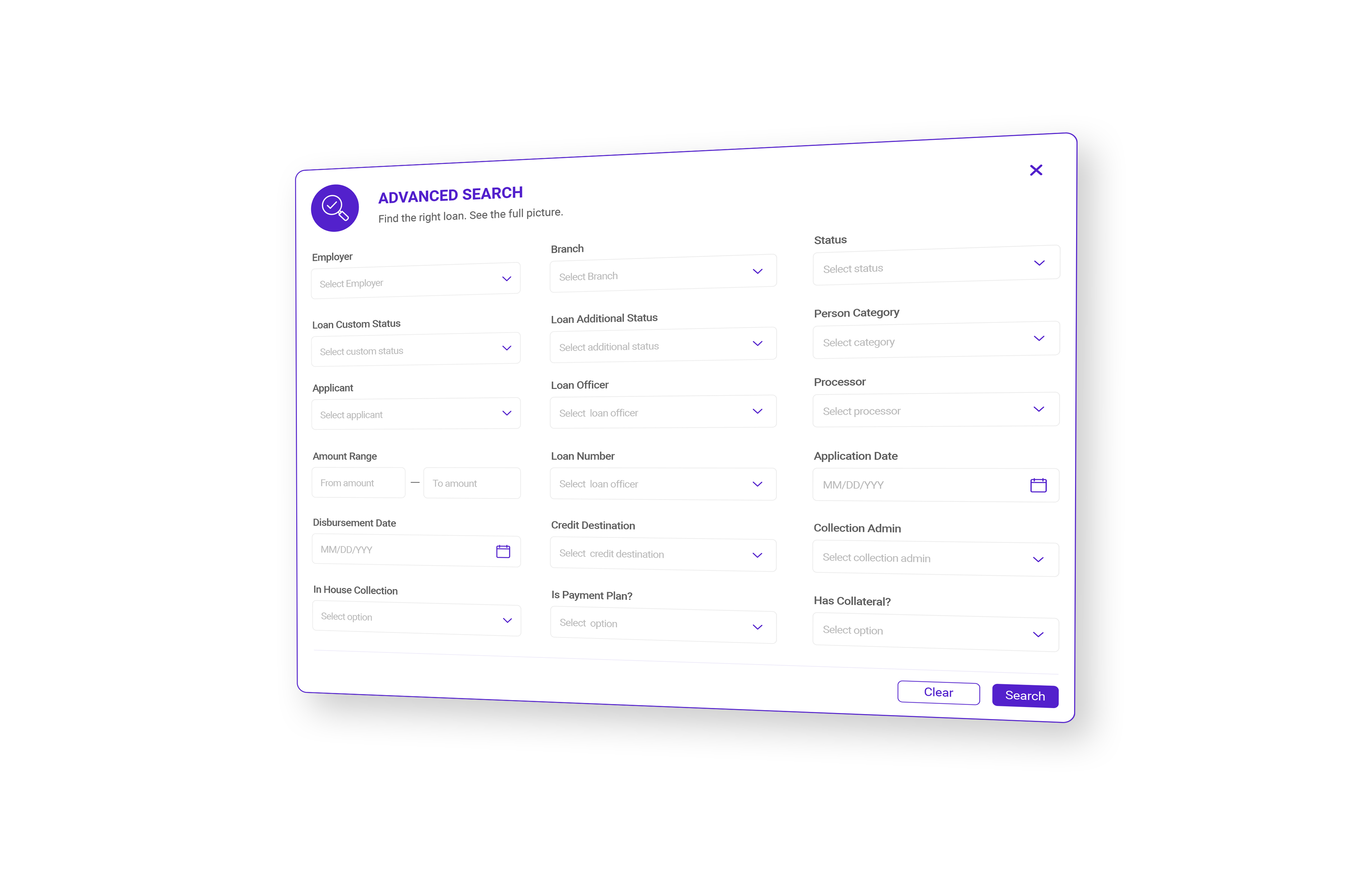 Advanced search with employer, branch, status and applicant filters in Crediroll