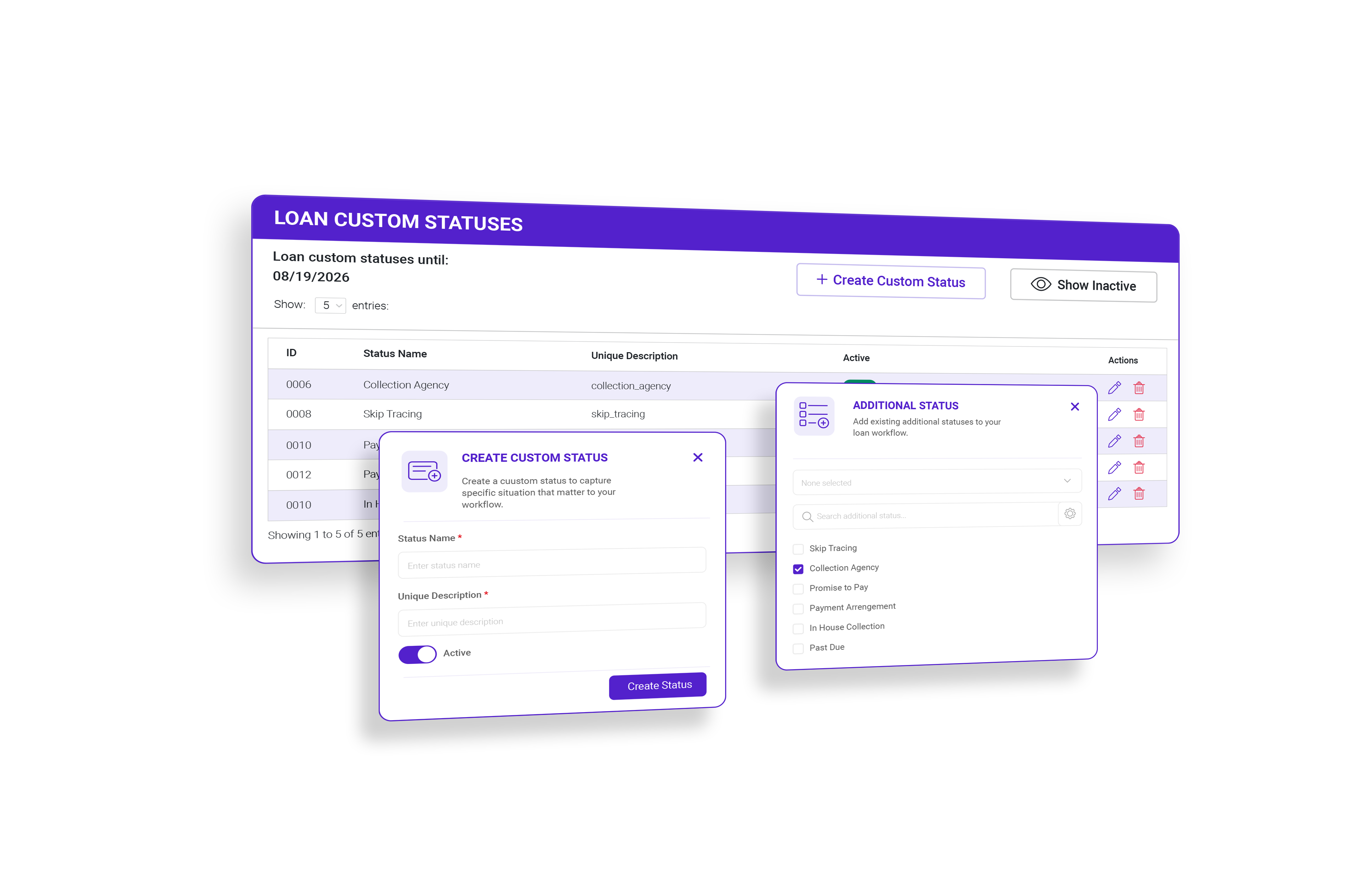 Loan custom statuses with create custom status and additional status panels