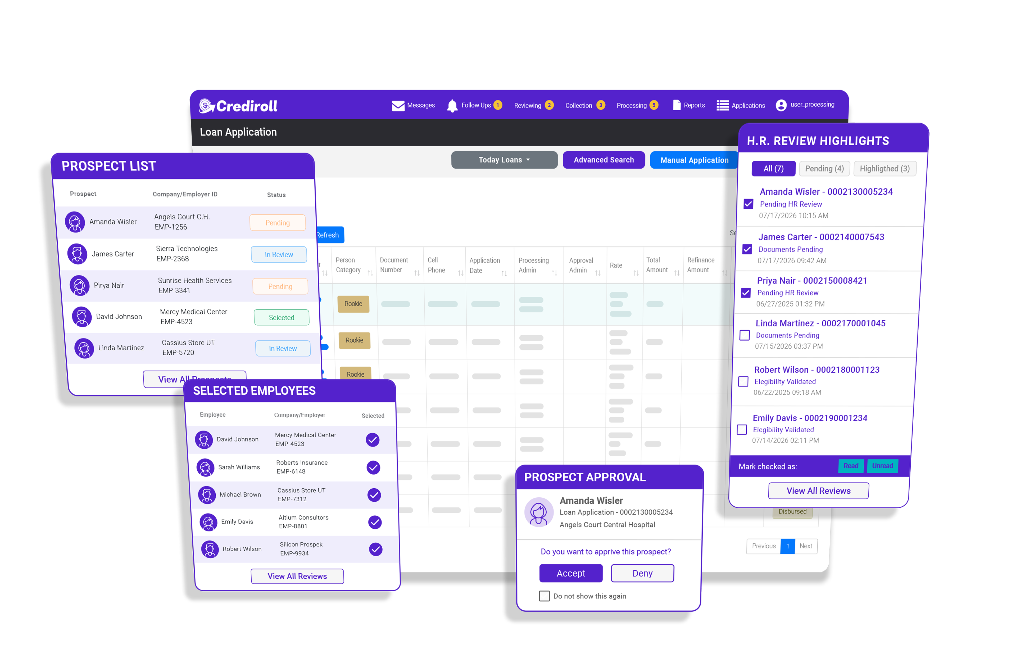 Crediroll loan application with payment control and notification panels