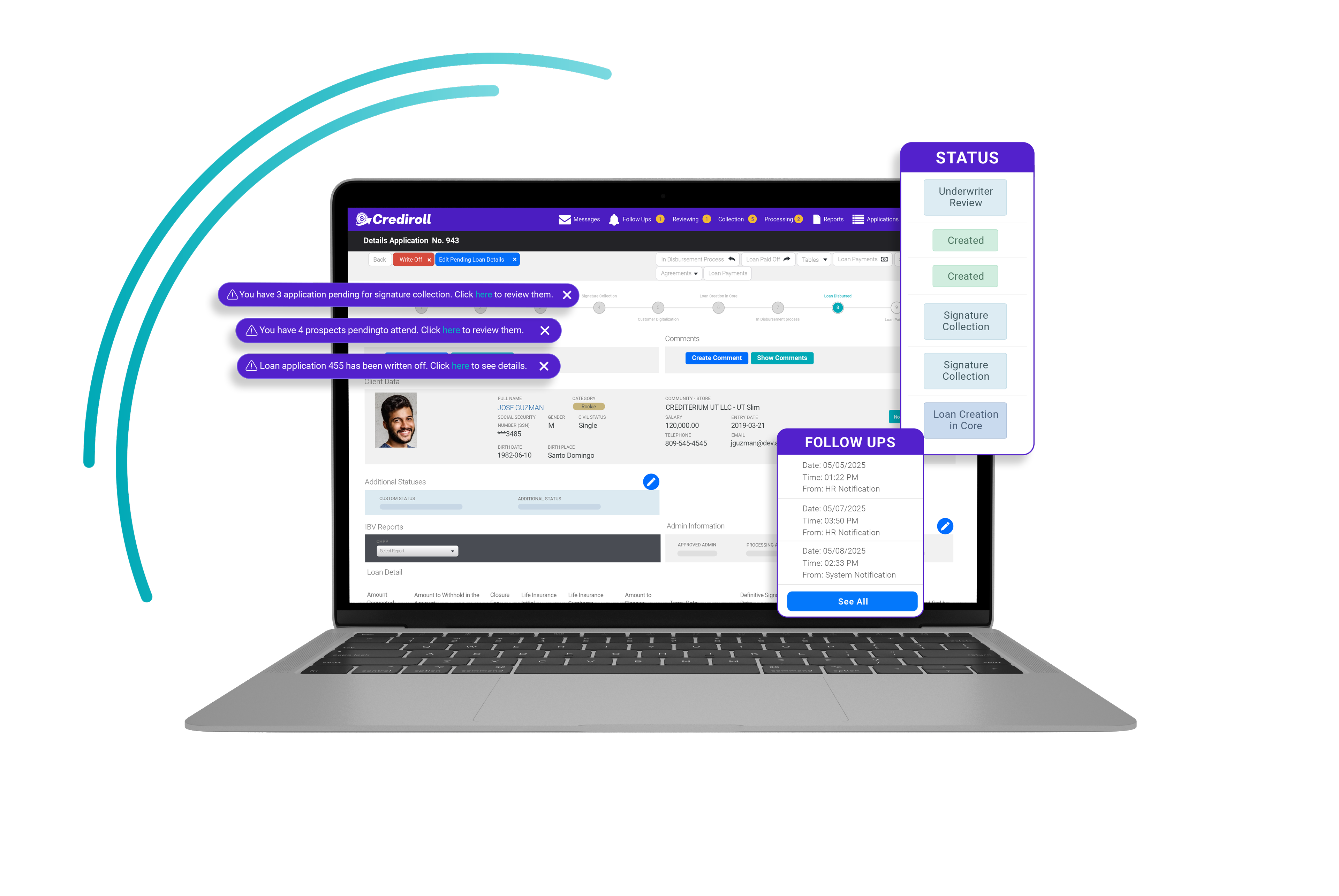 Crediroll application details on laptop with status and follow-ups panels
