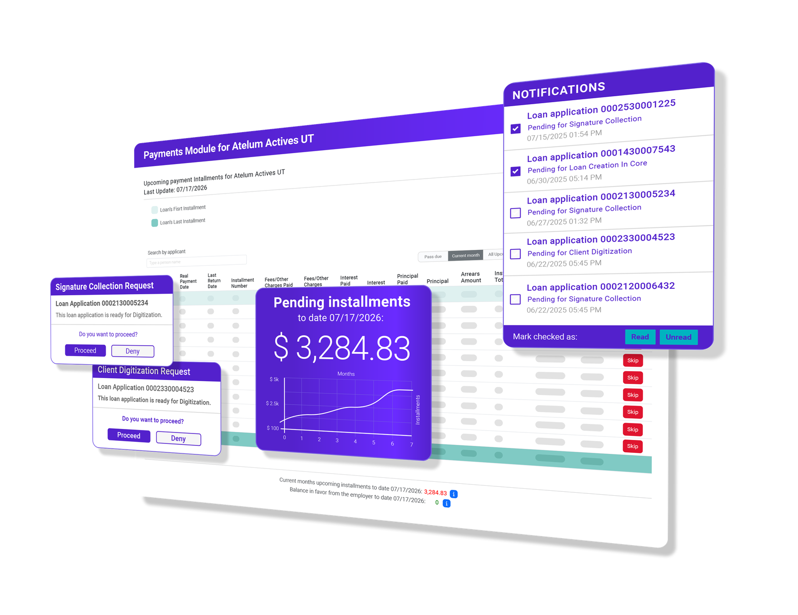 Payments module with notifications and pending installments