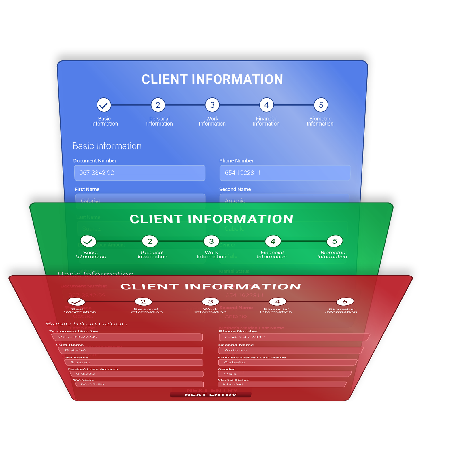 White label client information forms in blue, green and red brand colors