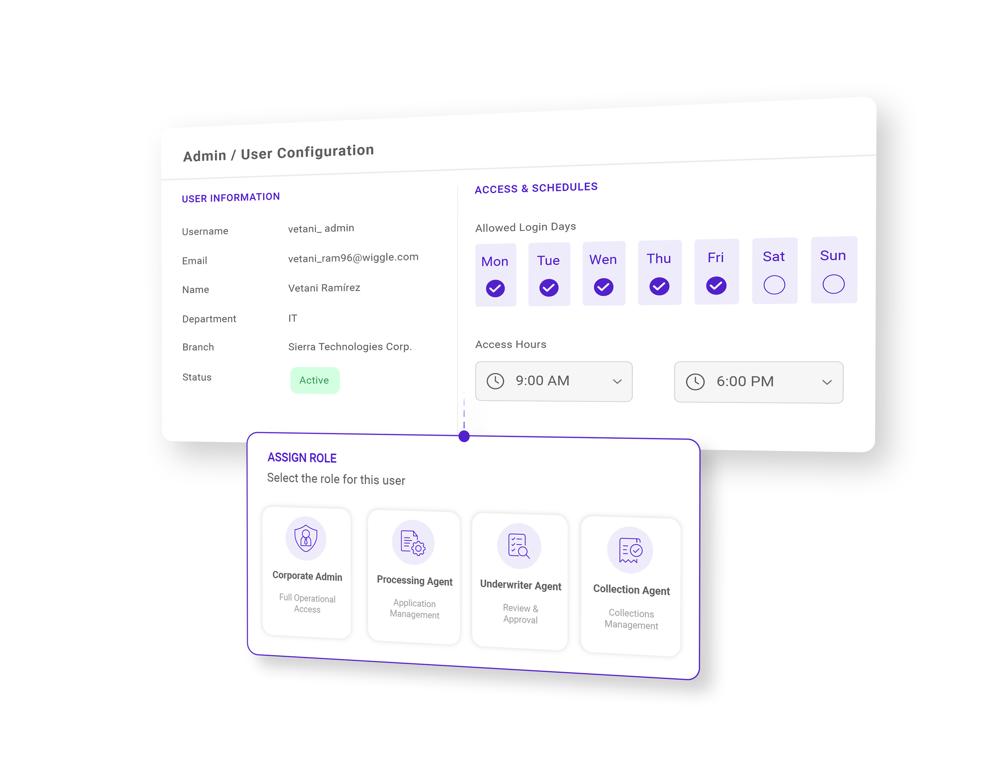 Admin user configuration with access schedules and role assignment for corporate admin and agents