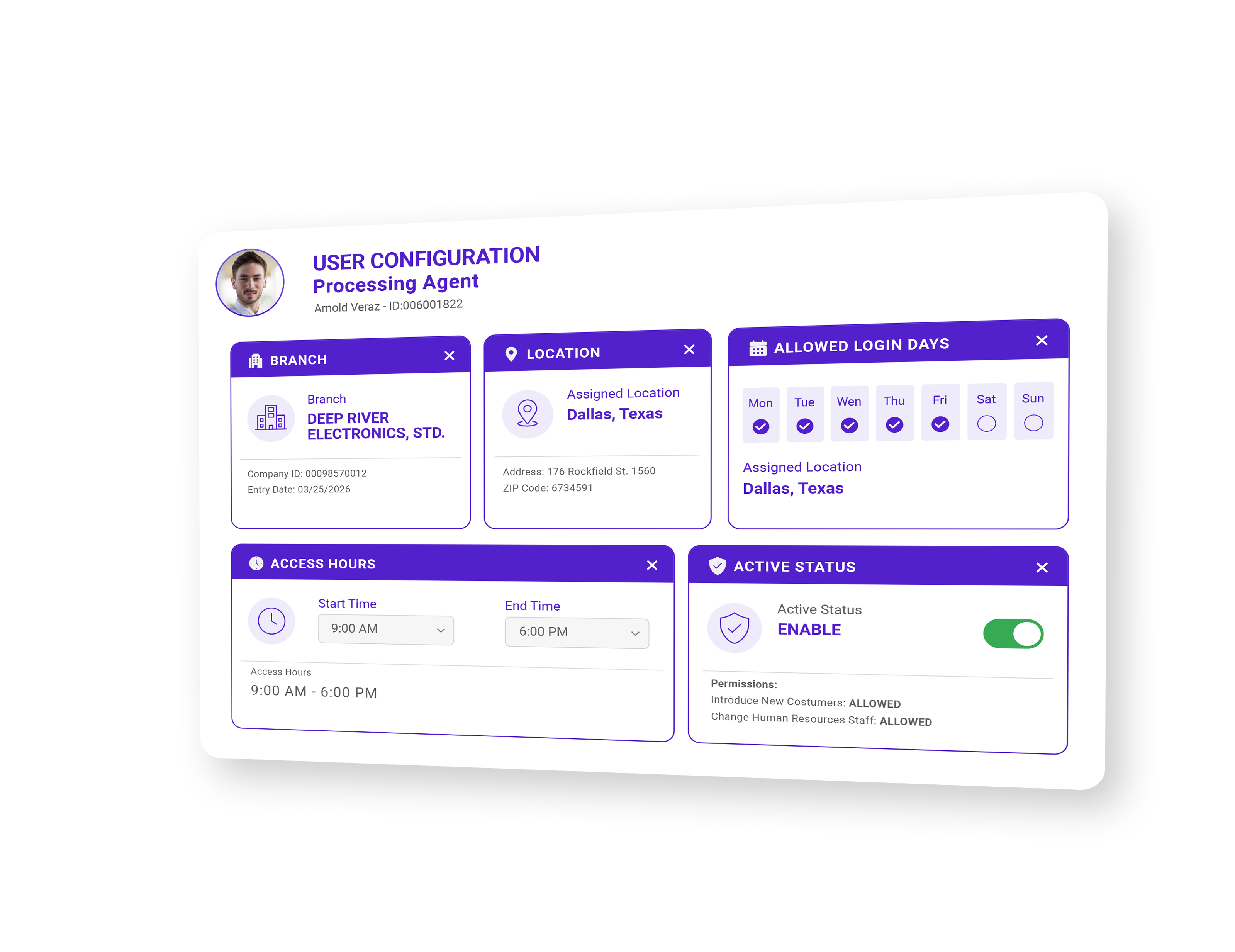 User configuration with branch, location, allowed login days, access hours and active status panels