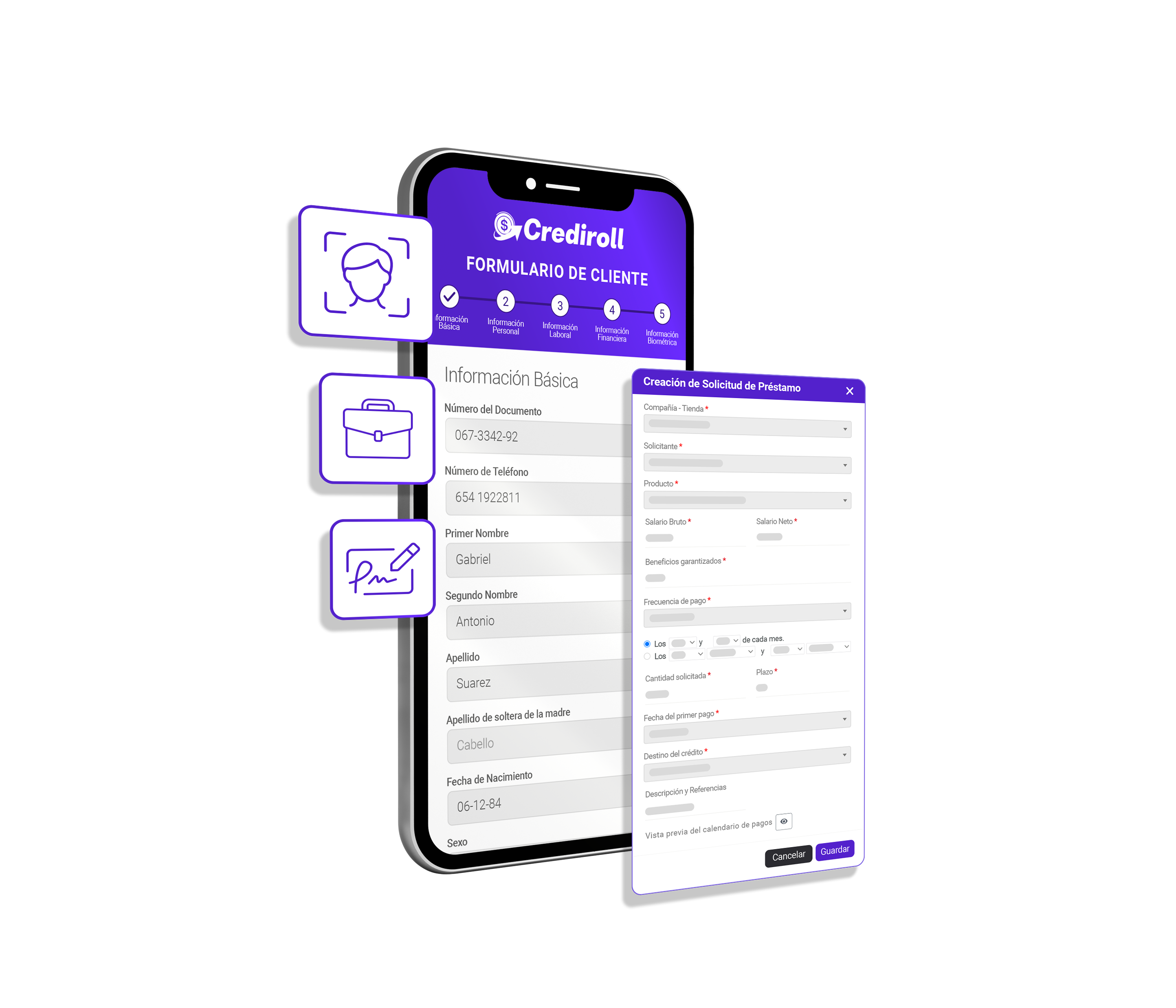 Formulario de cliente de Crediroll en móvil con creación de solicitud de préstamo
