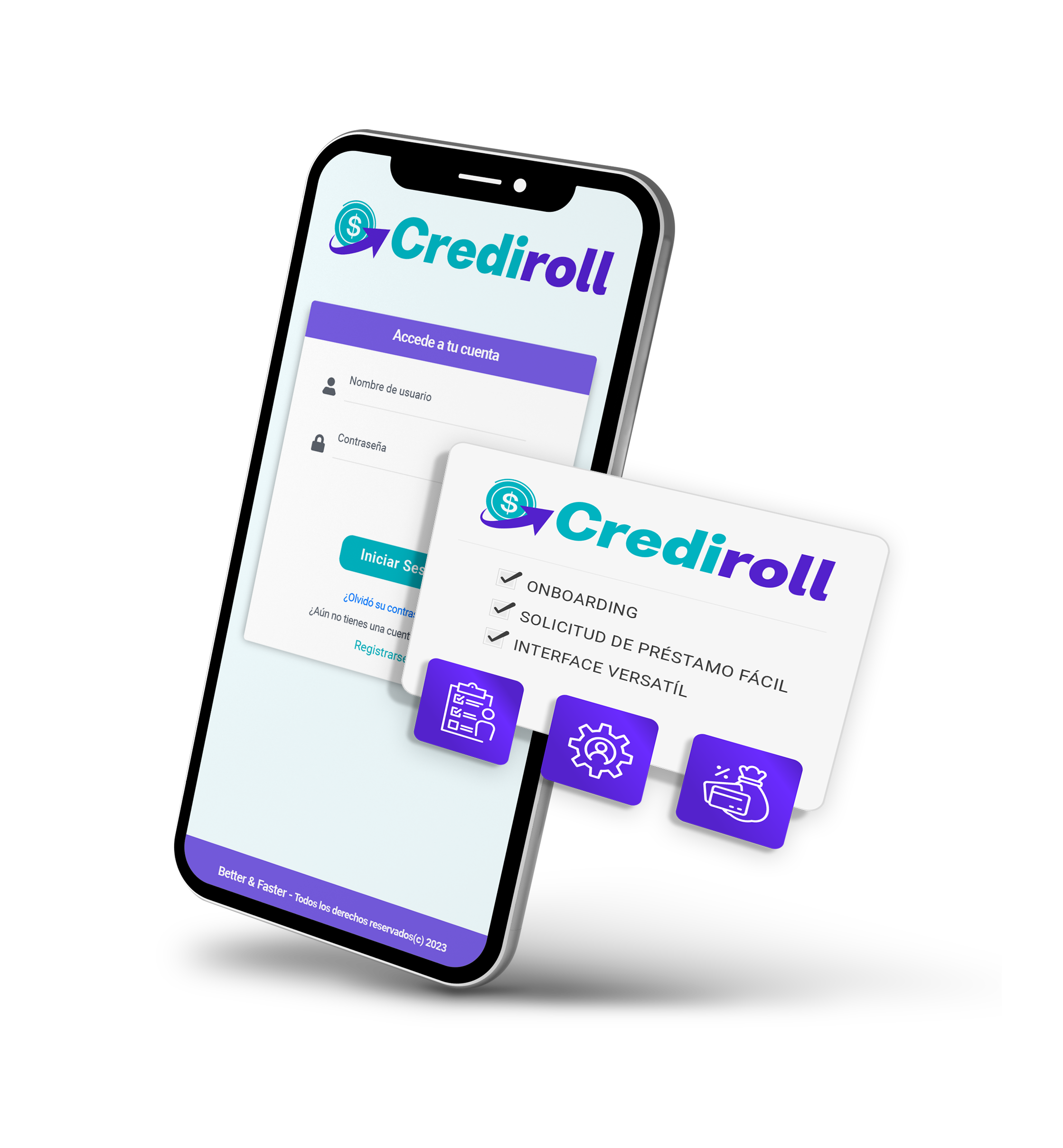 Inicio de sesión de la aplicación móvil de Crediroll con lista de verificación de registro
