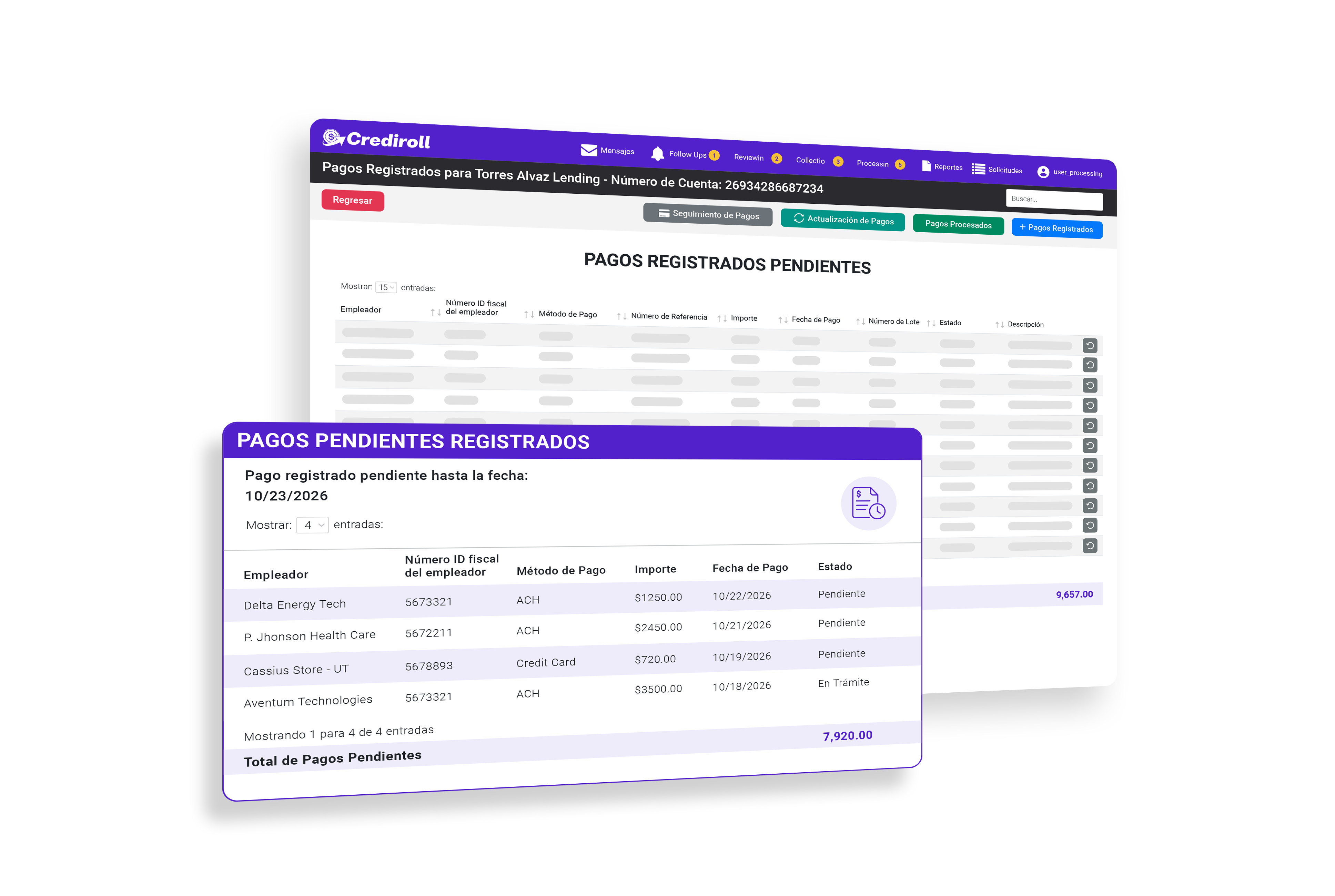 Pagos registrados pendientes en Crediroll