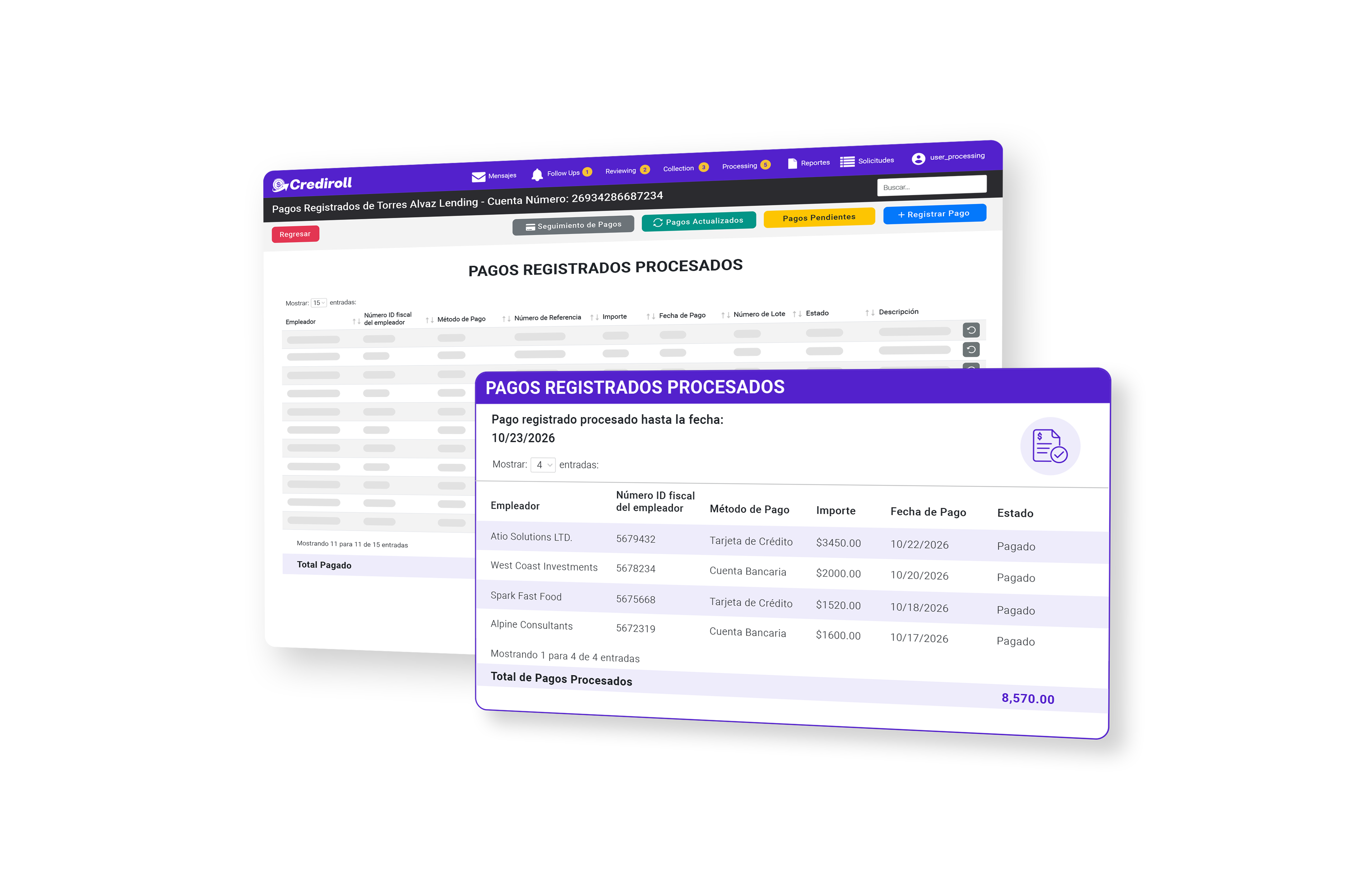 Pagos registrados procesados en Crediroll