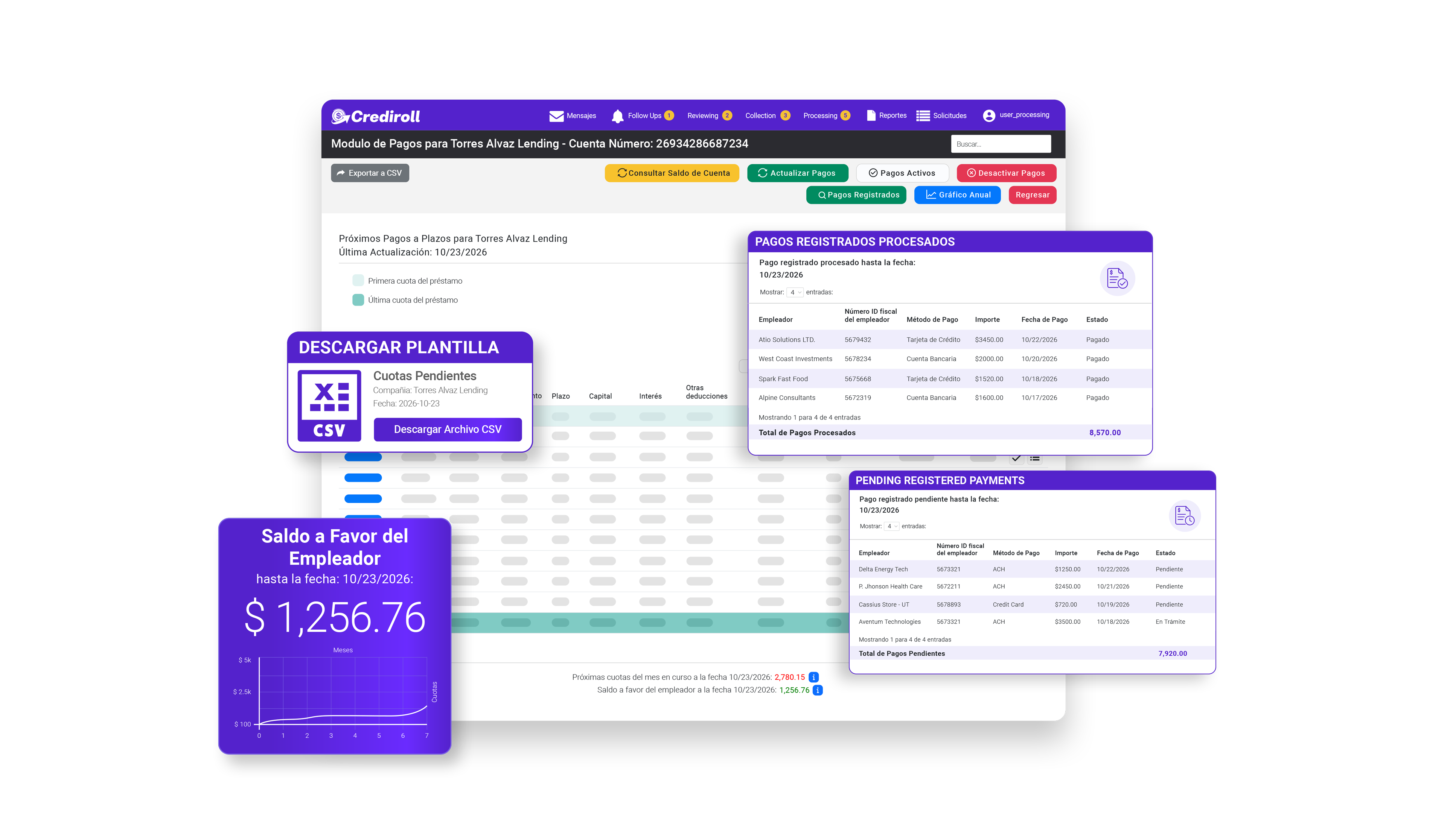 Espacio de trabajo de cobranza con próximas cuotas, pagos registrados procesados y pendientes