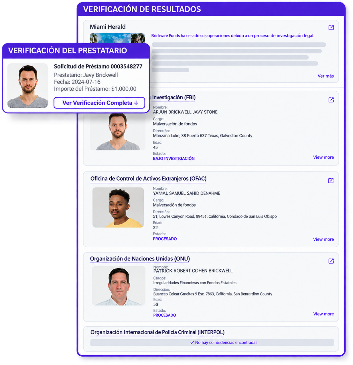 Resultado de verificación del prestatario con controles de FBI, OFAC, Naciones Unidas e INTERPOL