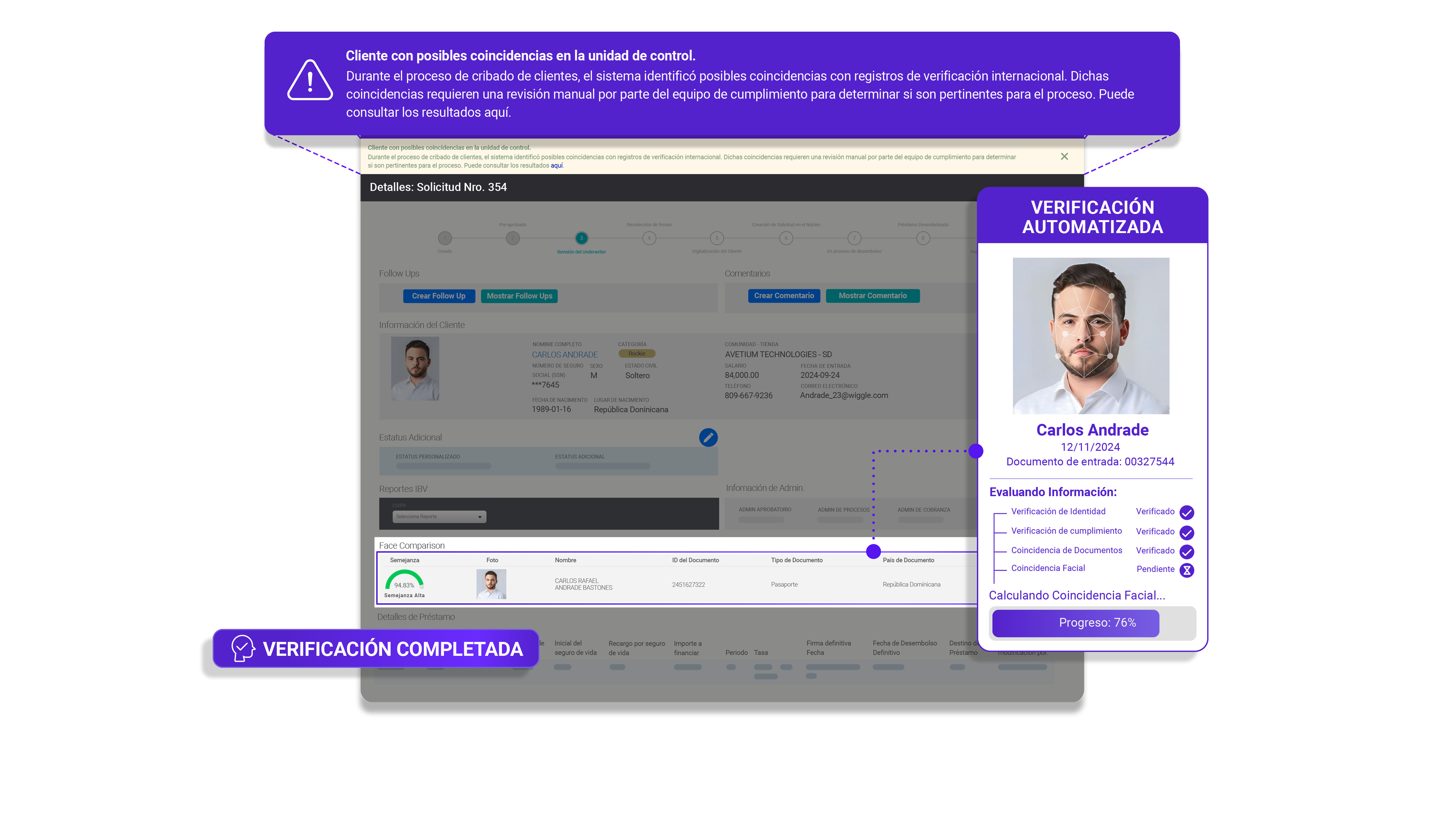 Verificación automatizada dentro de la solicitud de préstamo de Crediroll con coincidencia facial y estado de verificación completada