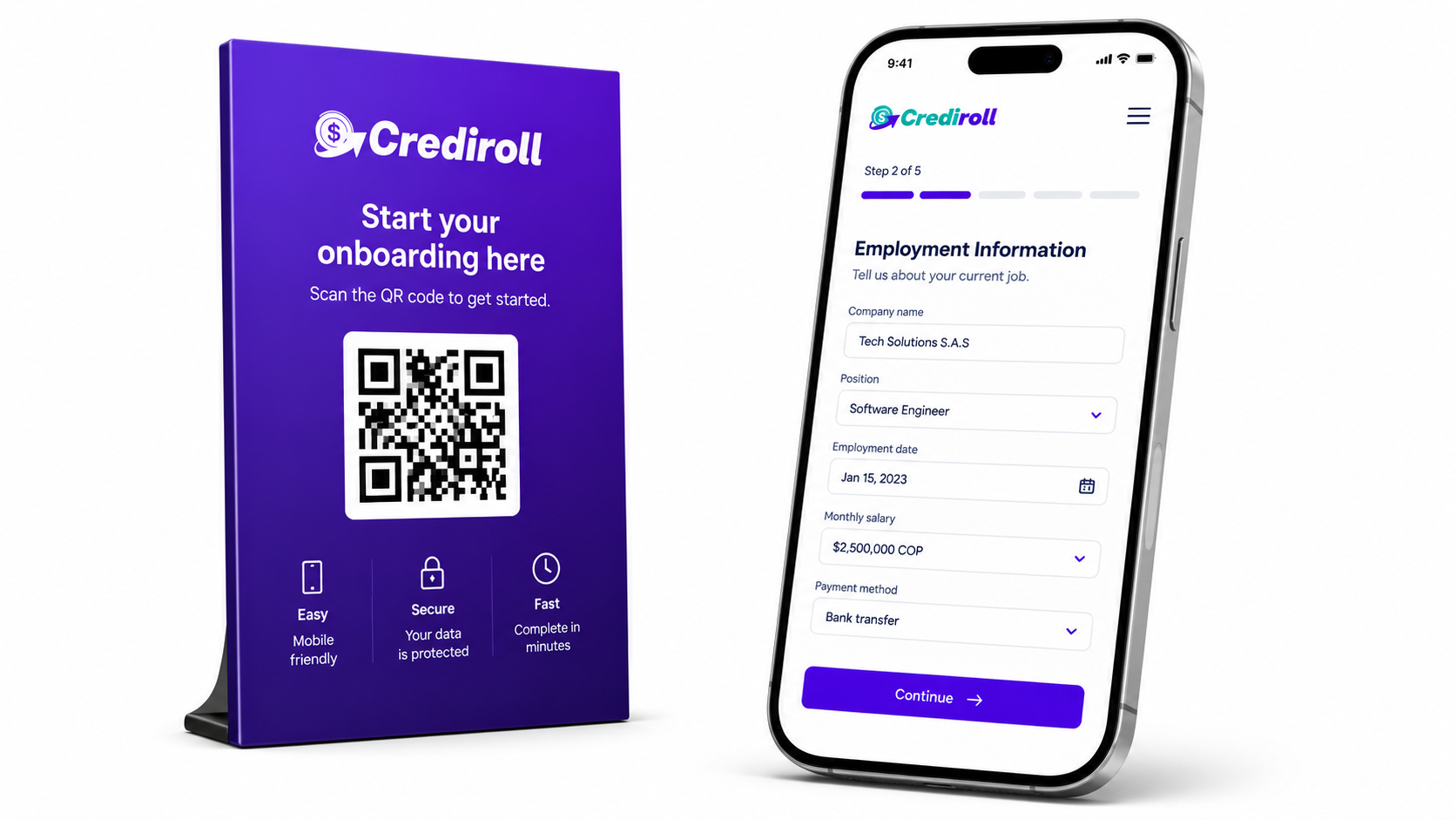 Stand de onboarding con QR y formulario de información laboral en el móvil
