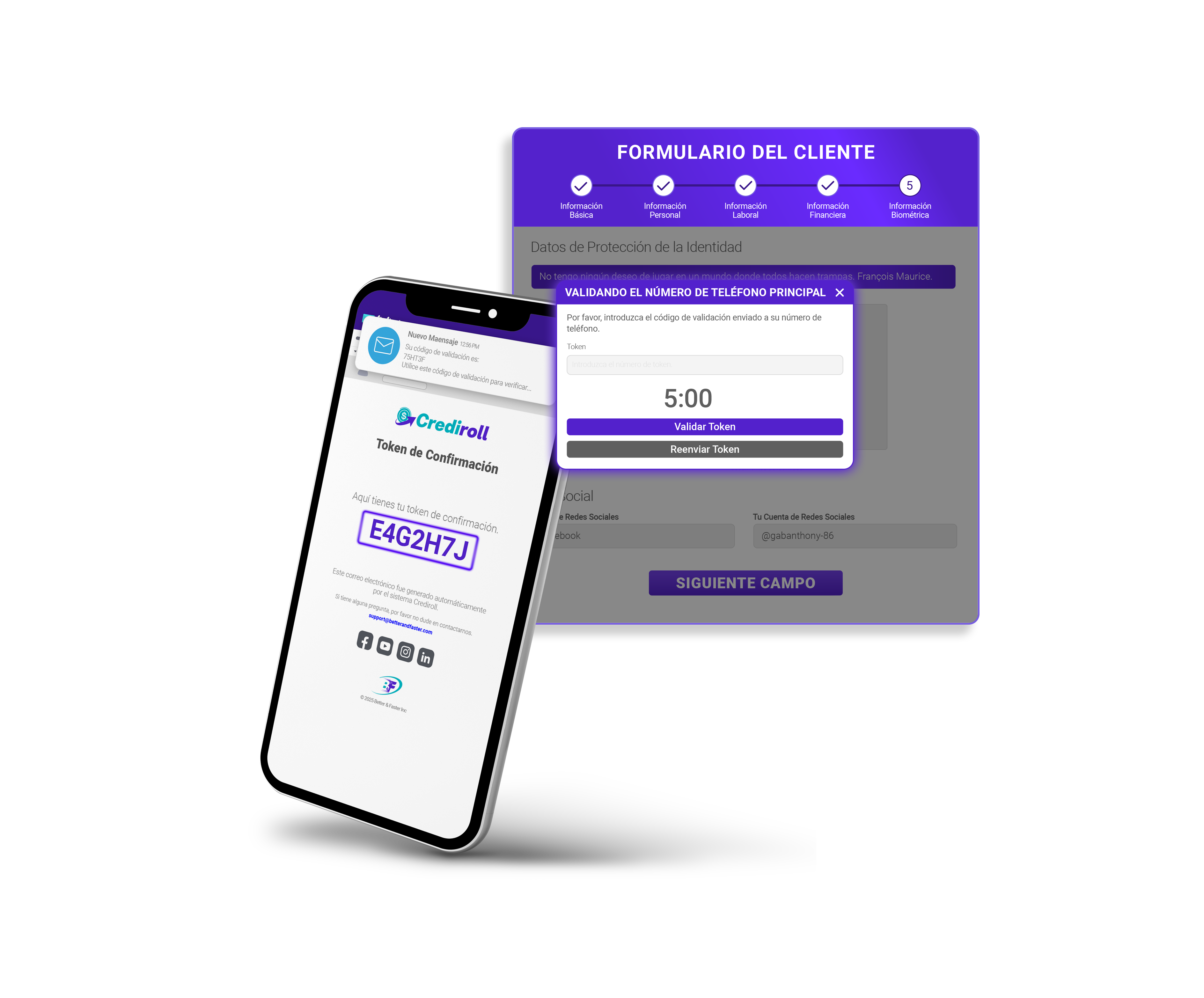 Validación por teléfono y correo electrónico con token de confirmación y verificación del formulario del cliente